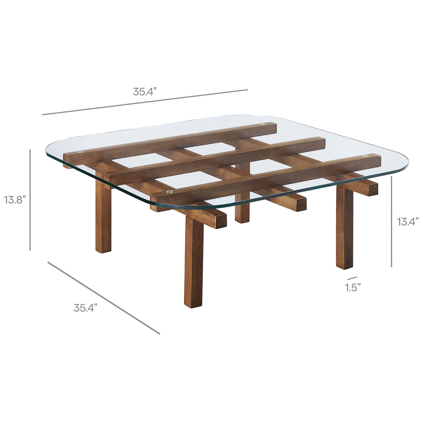 Coffee table dimensions shown with low profile and rounded glass corners for easy styling || EEI-7468-WAL || dimension_studio
