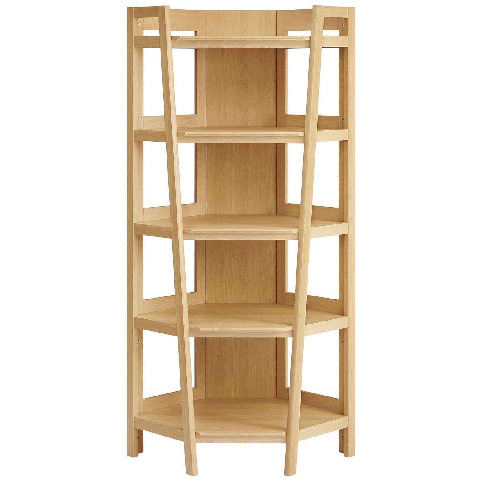 71-inch corner bookcase in oak with five spacious shelves and sturdy angled side supports || EEI-7469-OAK || front_studio