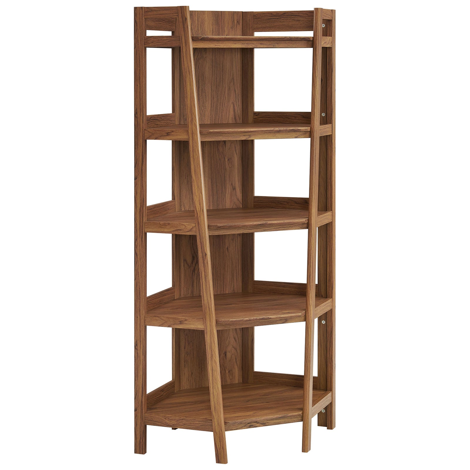 Walnut corner bookshelf with five open shelves and angled side supports for a clean, airy profile || EEI-7469-WAL || front_angle_studio