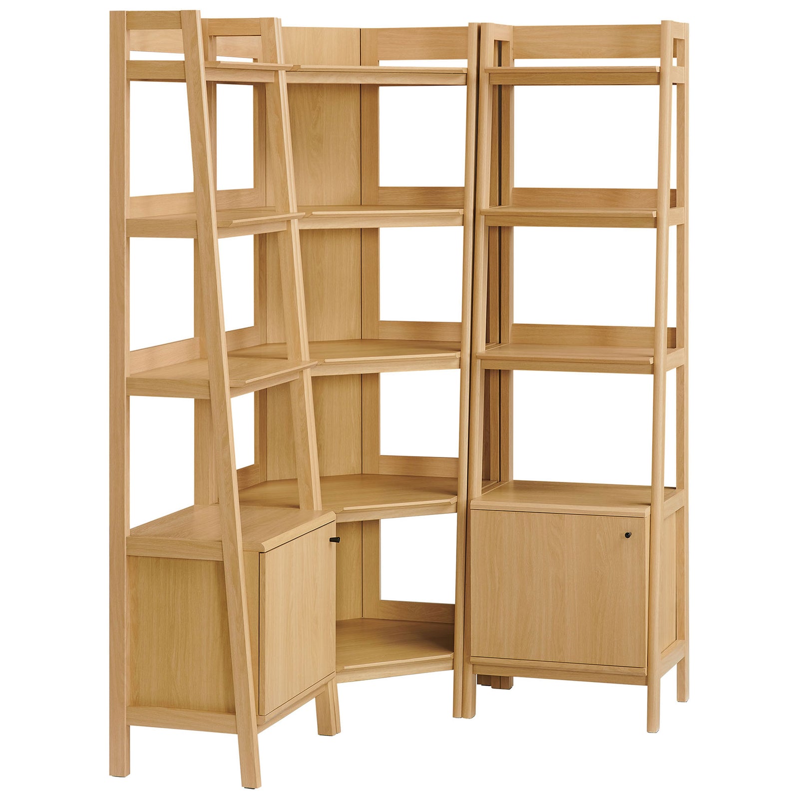 Oak corner bookshelf set with angled supports, open tiers, and two cabinet bases. || EEI-7470-OAK || front_angle_studio