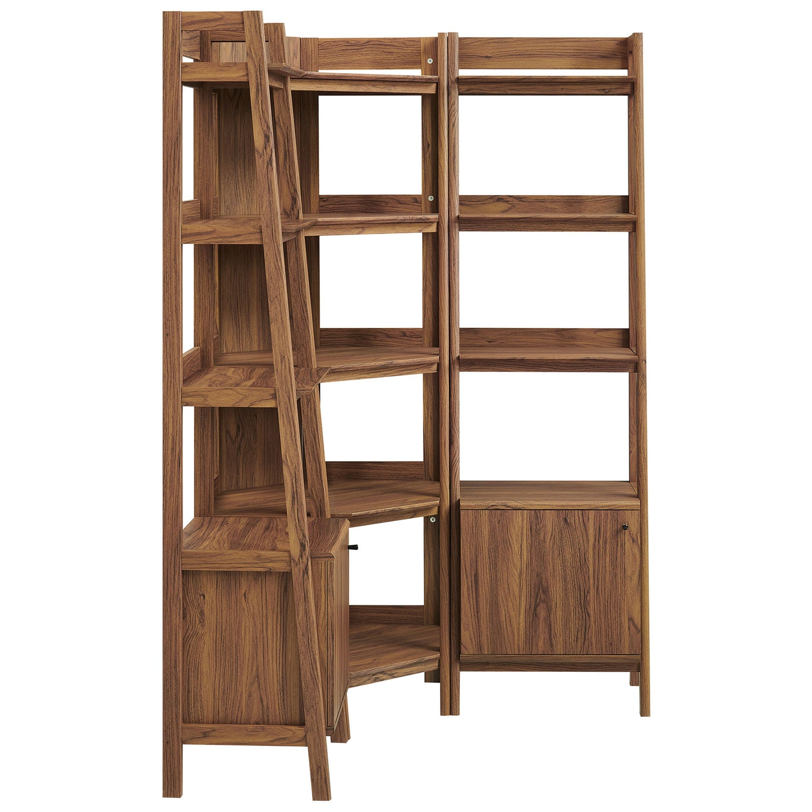 Sleek walnut wood grain and window-style panels add modern flair to this corner shelving set || EEI-7470-WAL || side_studio