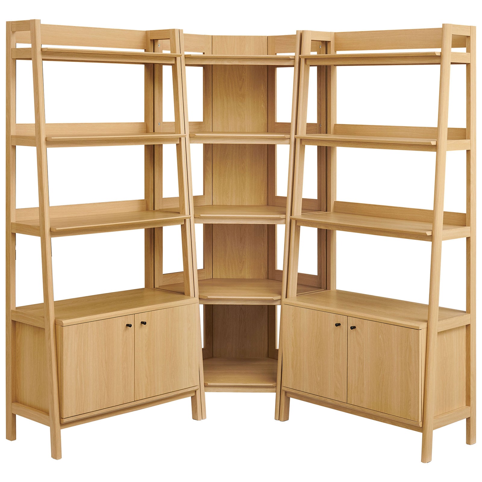 Three-piece corner bookshelf set with wide open shelves and base cabinets in an oak wood grain finish || EEI-7471-OAK || front_studio