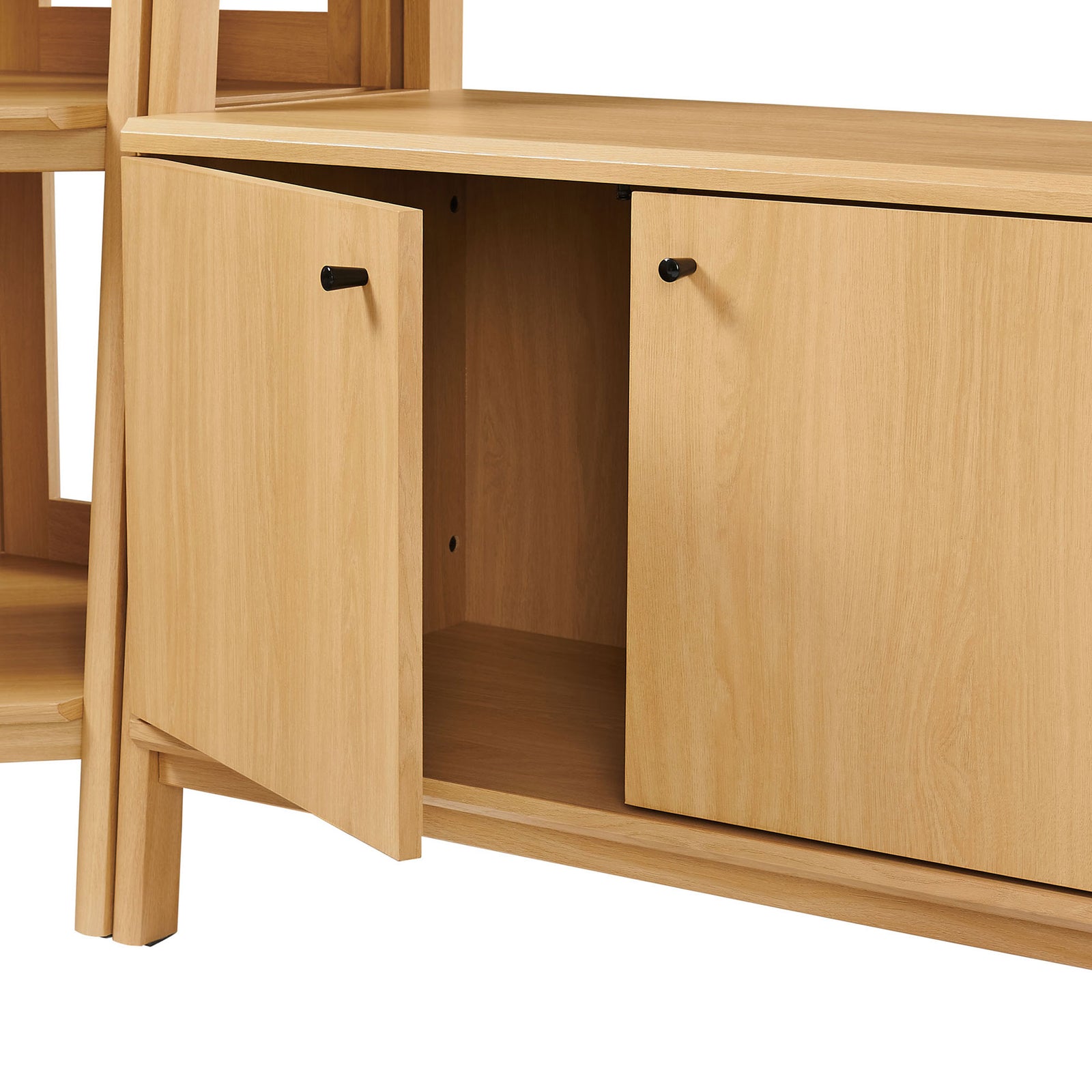 Lower cabinet opens to reveal roomy storage with sleek black pulls and clean, modern lines || EEI-7471-OAK || storage_open_studio