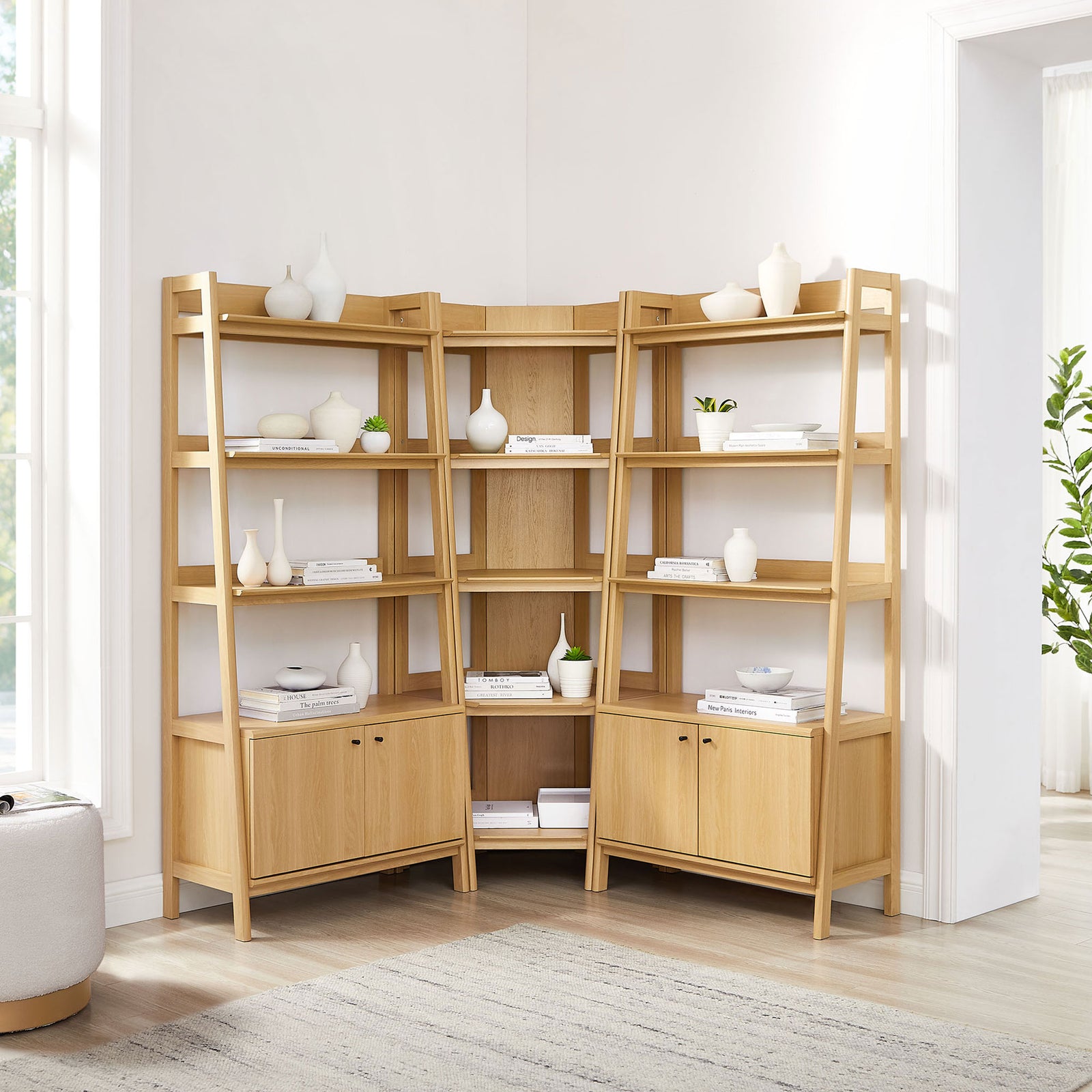 Versatile corner shelving set brings light oak warmth and airy lines to your living room || EEI-7471-OAK || front_room