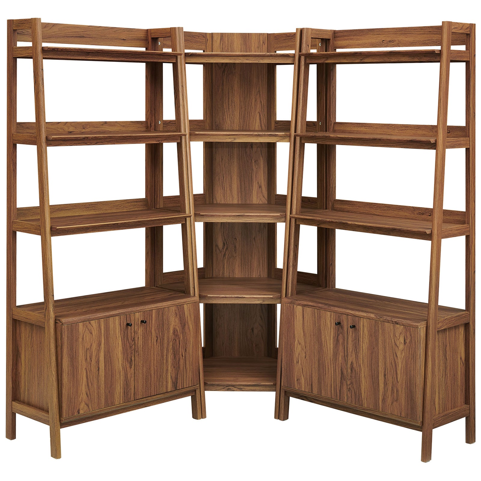 Three-piece corner bookcase ensemble with spacious open shelving and concealed side cabinets || EEI-7471-WAL || front_studio