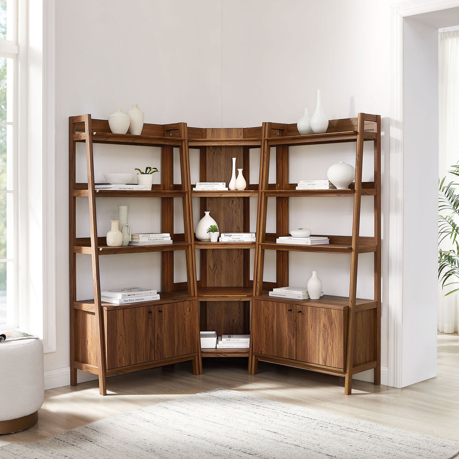 Corner bookshelf set in walnut finish, perfect for showcasing books and decorative accents || EEI-7471-WAL || front_room