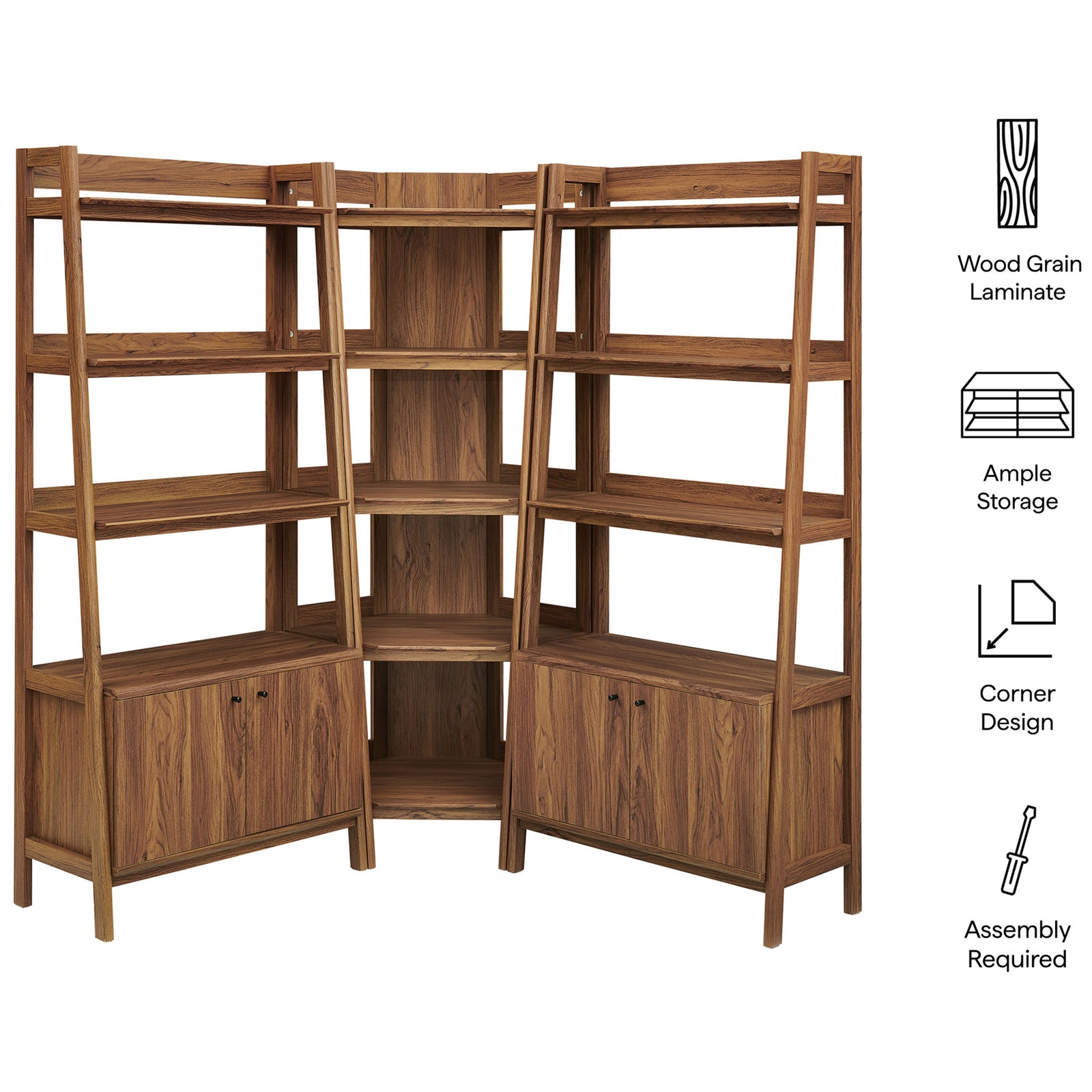 Feature highlights including wood grain laminate, ample storage, and corner design || EEI-7471-WAL || callout_studio