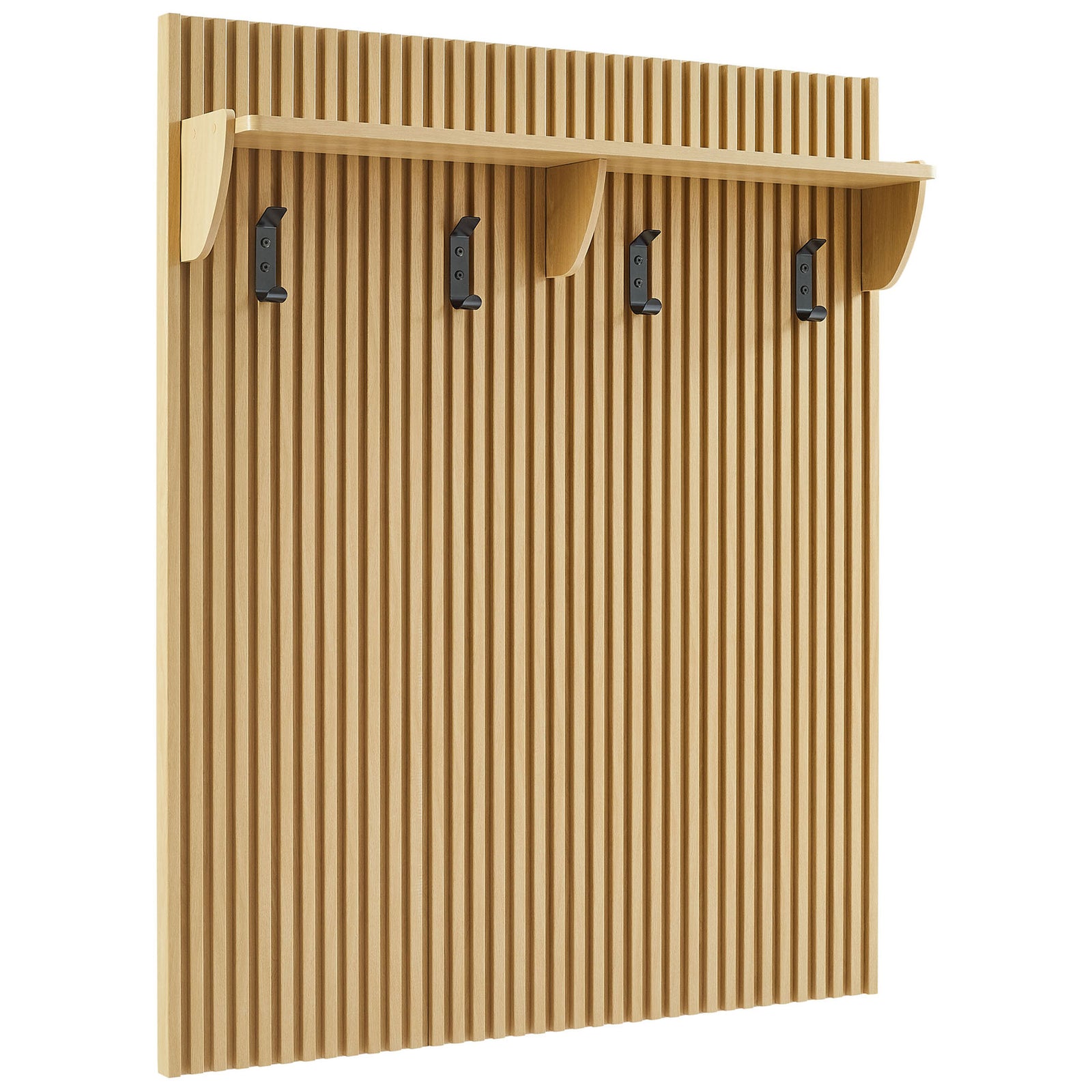 Mid-century slatted coat rack panel with spacious shelf and matte black hooks in a warm oak finish || EEI-7472-OAK || front_angle_studio
