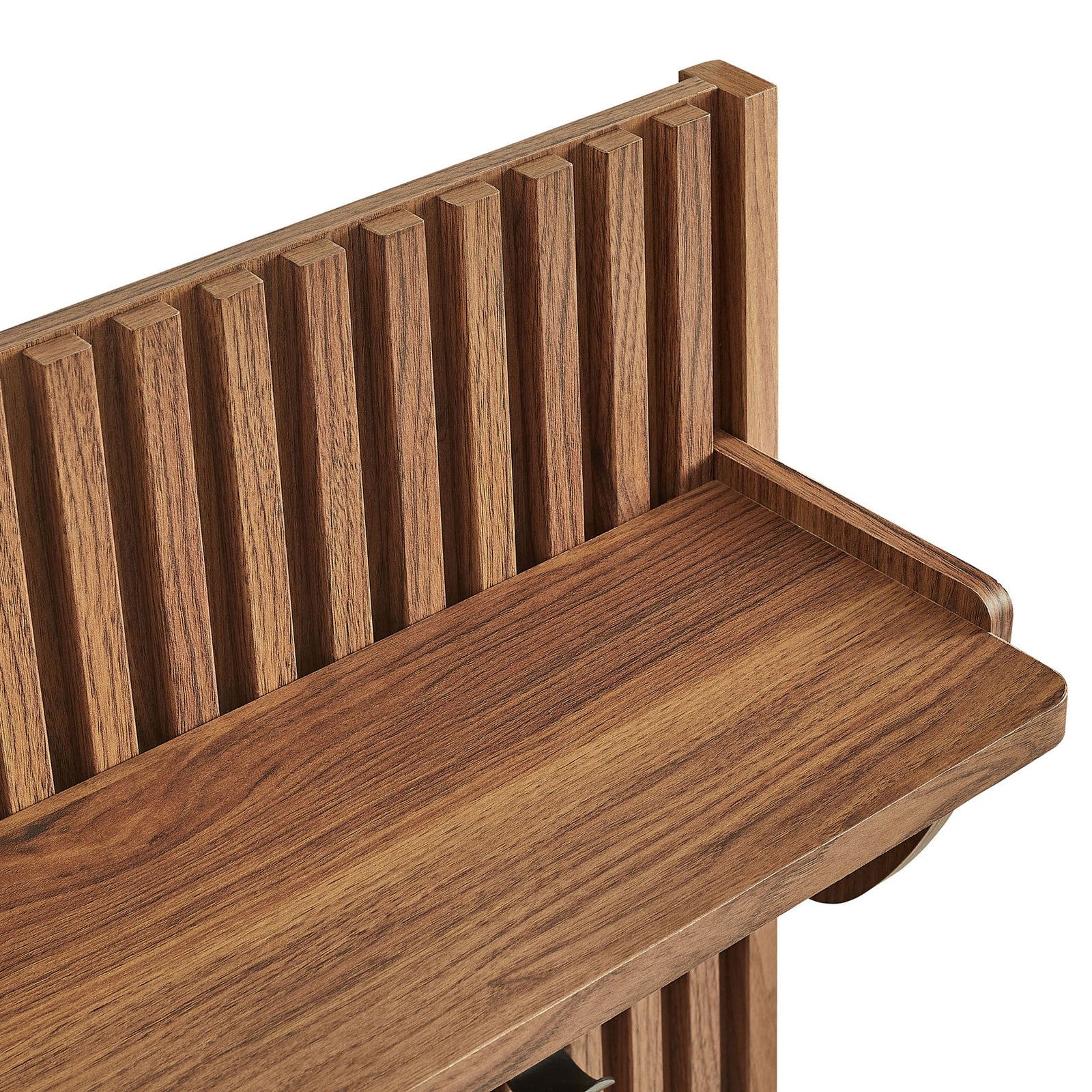 Rich wood grain shelf with curved bracket atop the slatted walnut panel || EEI-7472-WAL || storage_studio