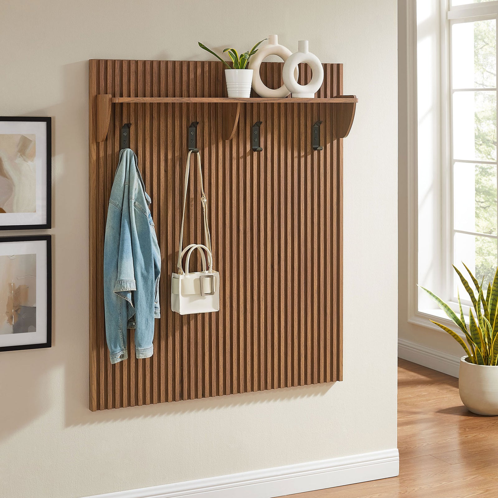 Wall-mounted slatted walnut coat rack with shelf, holding decor and daily essentials || EEI-7472-WAL || front_room
