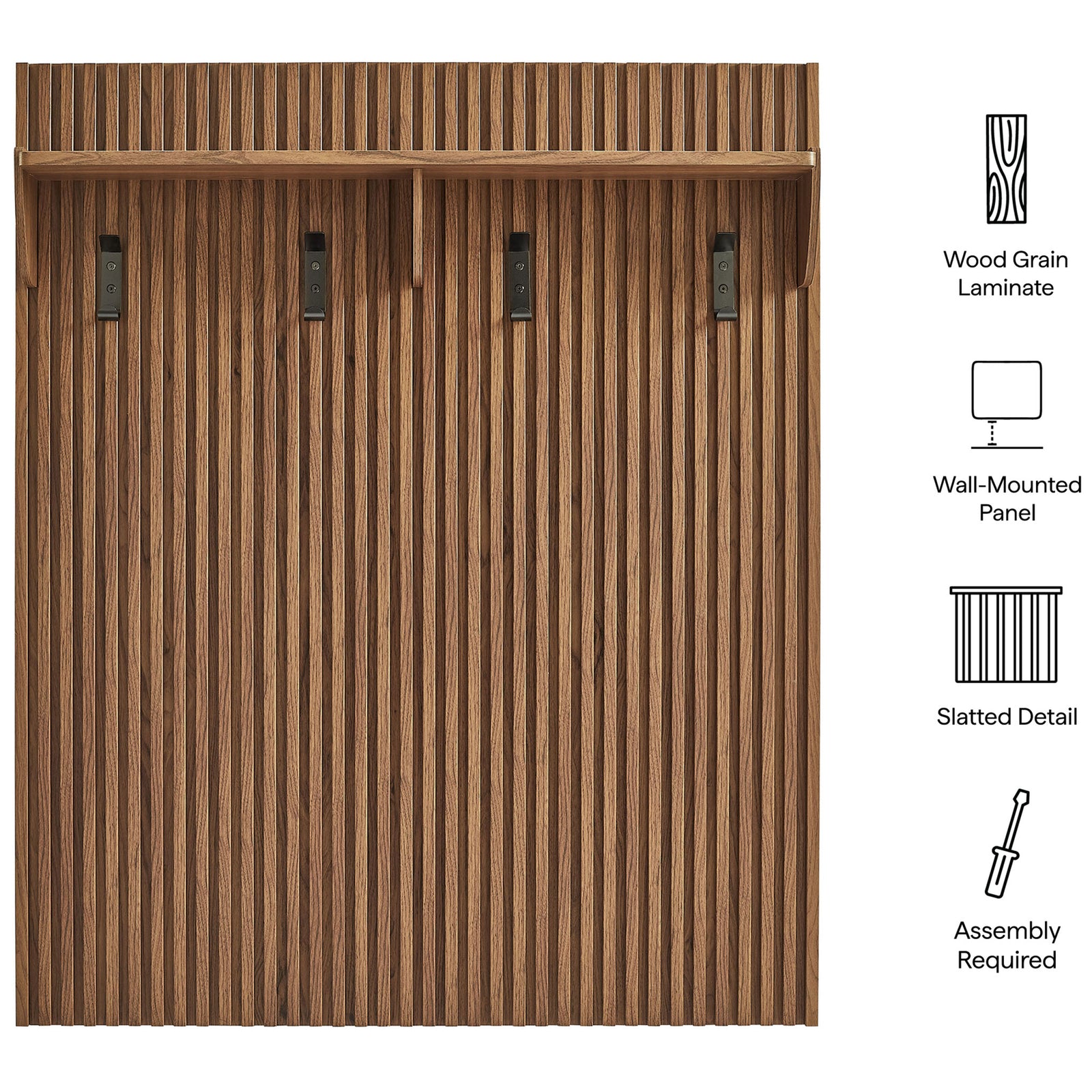 Key features of the slatted walnut coat rack panel with top shelf and hooks || EEI-7472-WAL || callout_studio