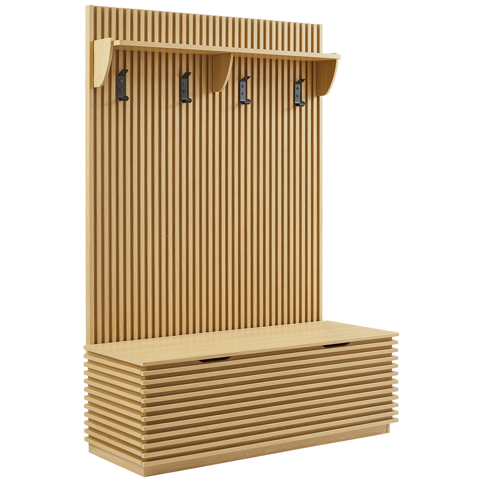 Mid-century fluted panel and matching slatted bench bring warm oak tone and everyday storage to your foyer || EEI-7473-OAK || front_angle_studio