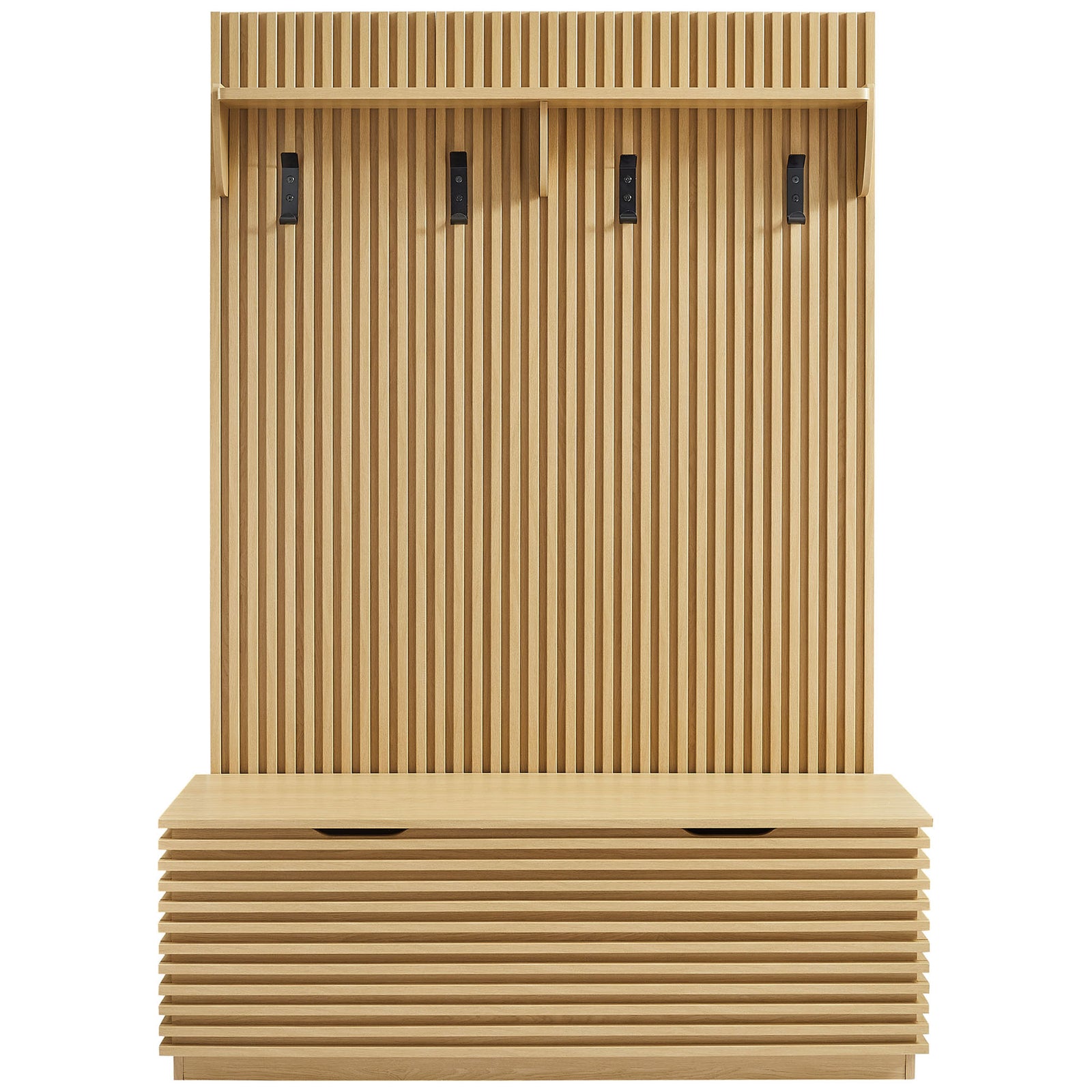 Fluted oak hall tree with four black hooks, top shelf, and a slatted storage bench for tidy entryways || EEI-7473-OAK || front_studio