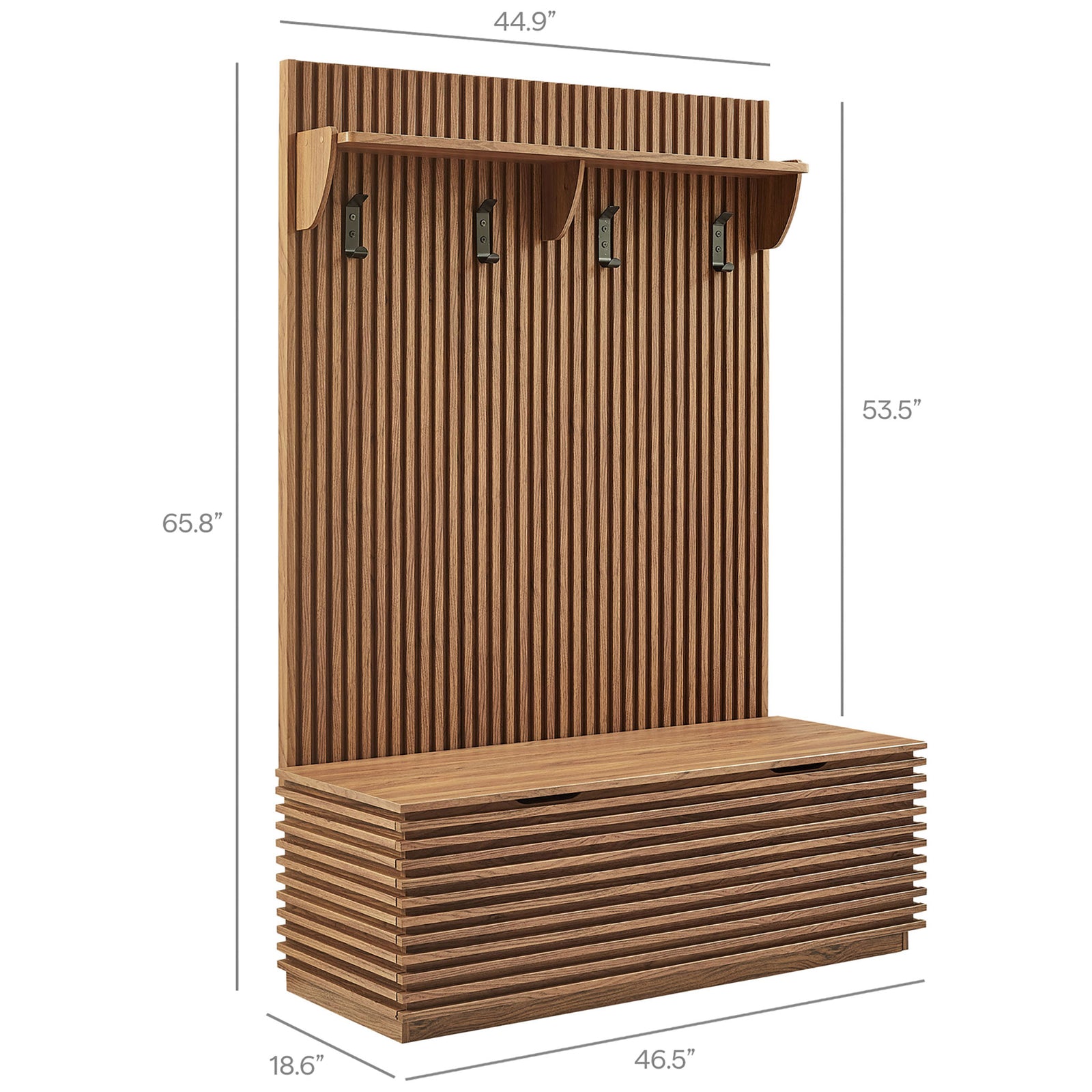 Sized to organize coats and gear while offering comfortable bench seating in one tidy footprint || EEI-7473-WAL || dimension_studio