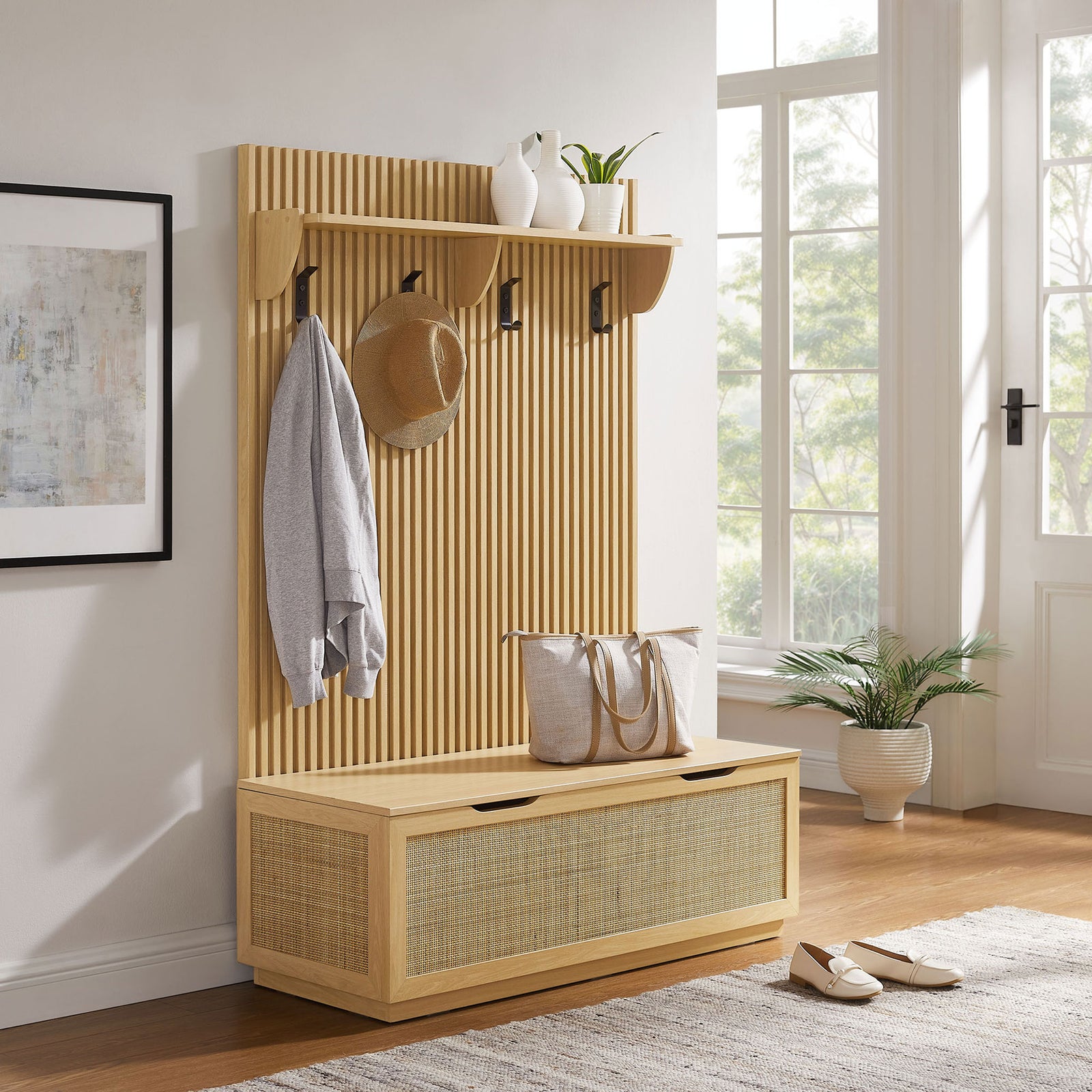 Warm light oak finish brings organic texture to modern entryways with coat hooks, shelf, and storage bench. || EEI-7474-OAK || front_angle_room