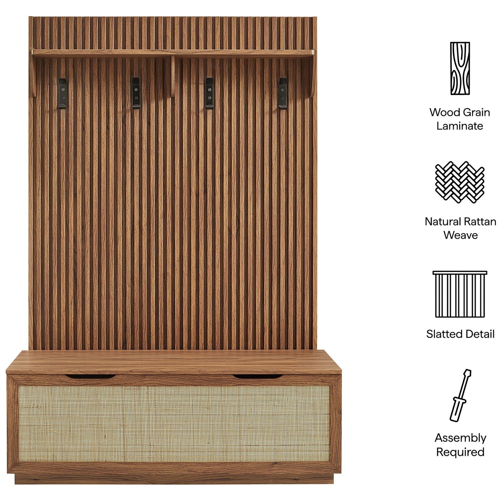 Key features include wood-grain laminate, natural rattan weave, slatted detail, and assembly required || EEI-7474-WAL || callout_studio