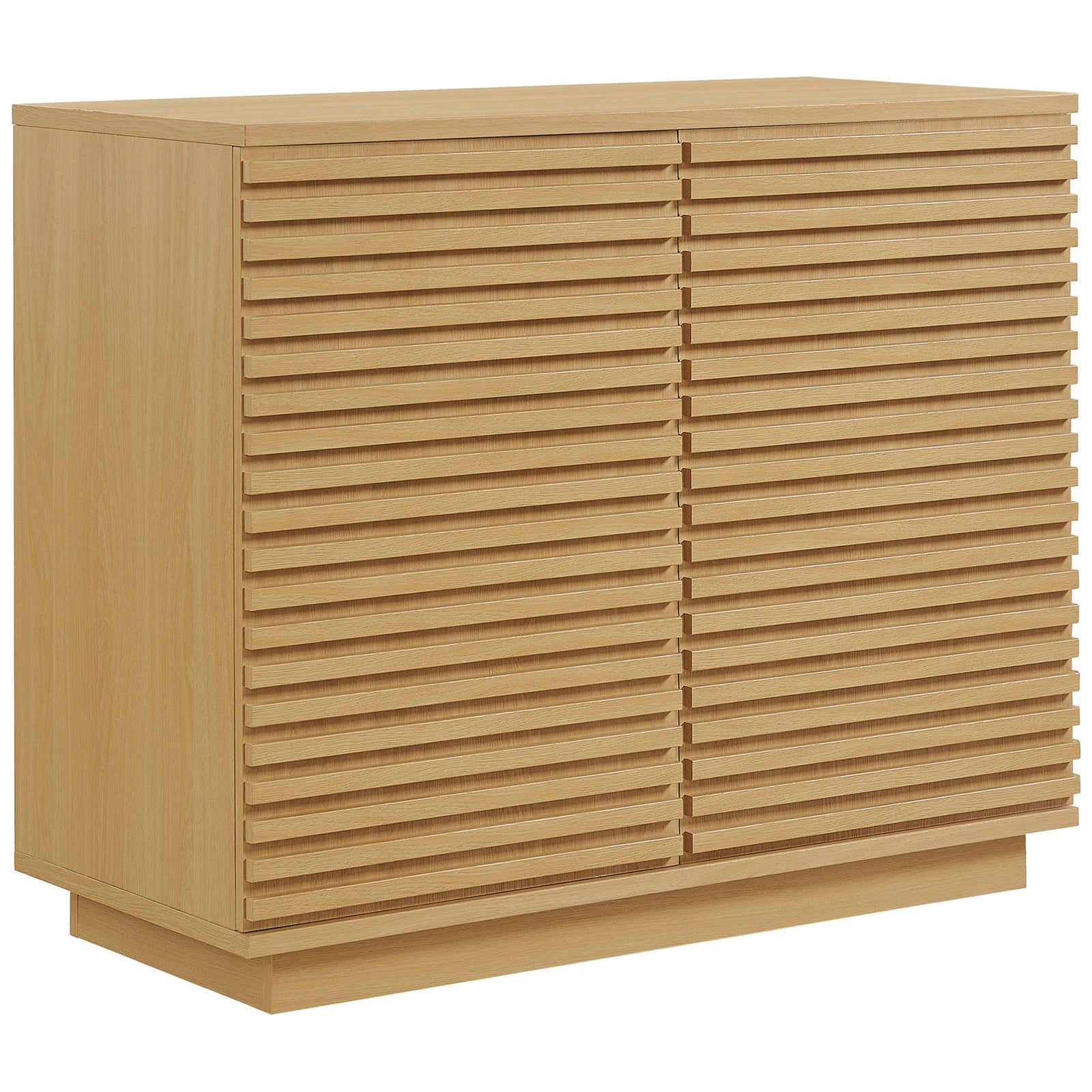 Oak fluted accent cabinet showing rich wood grain and clean mid-century lines || EEI-7476-OAK || front_angle_studio