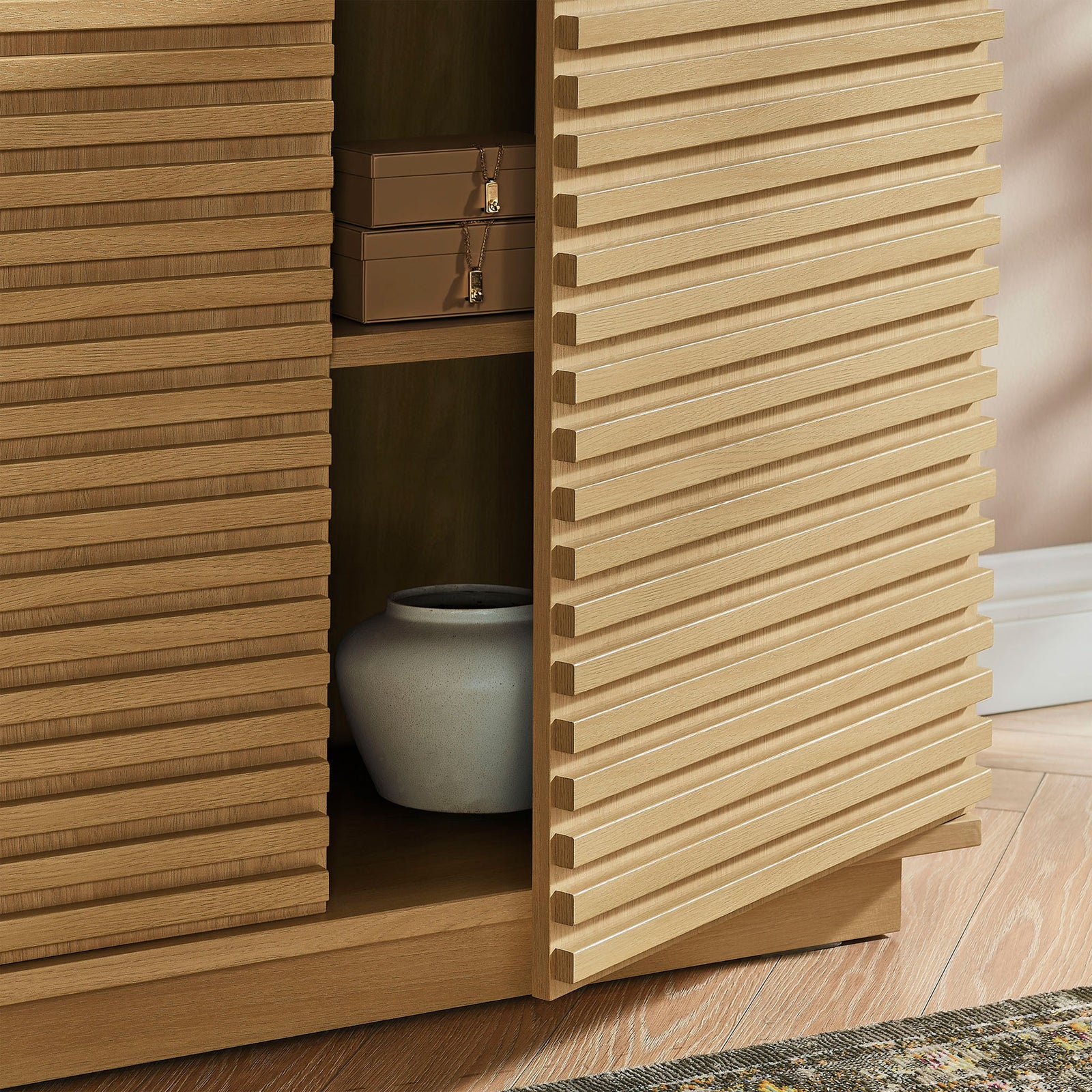 Render oak cabinet storage with fluted door partially open revealing shelf space for decor and essentials || EEI-7476-OAK || storage_open_room