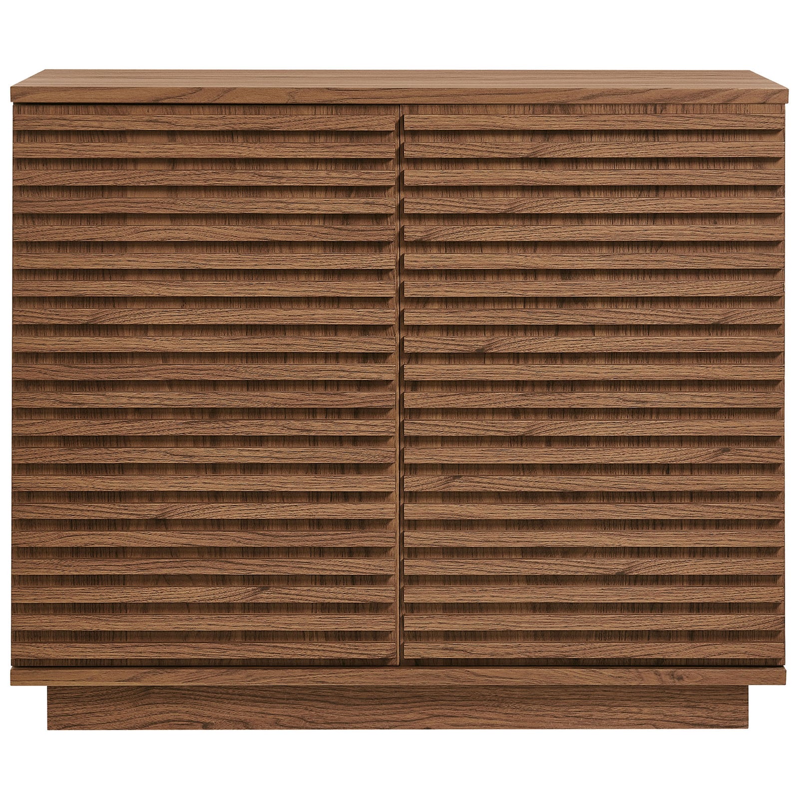 Mid-century walnut fluted accent cabinet with two push-to-open doors and streamlined base || EEI-7476-WAL || front_studio