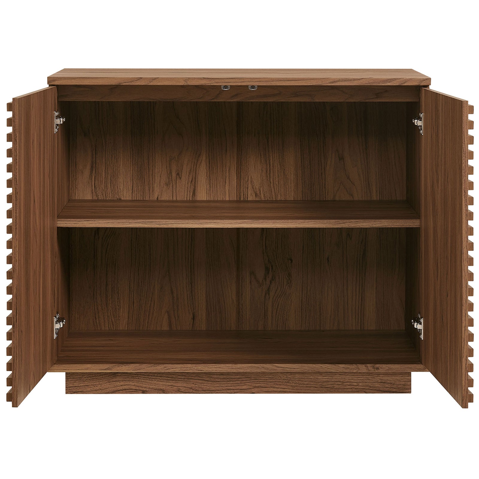 Walnut fluted cabinet with both doors open revealing spacious storage and an adjustable interior shelf || EEI-7476-WAL || front_open_studio