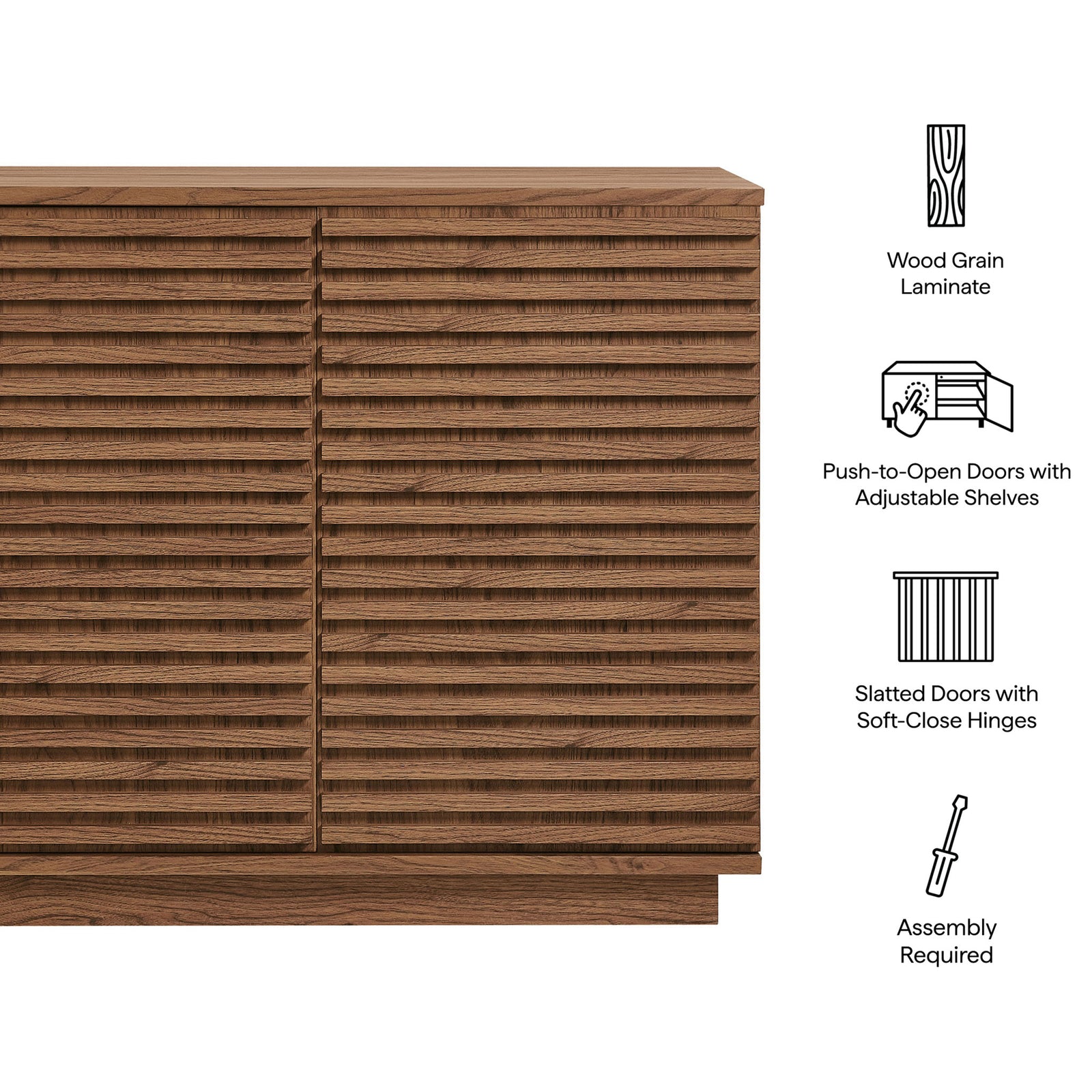 Render walnut accent cabinet with icons highlighting wood grain laminate, push-to-open doors, and soft-close hinges || EEI-7476-WAL || callout_studio