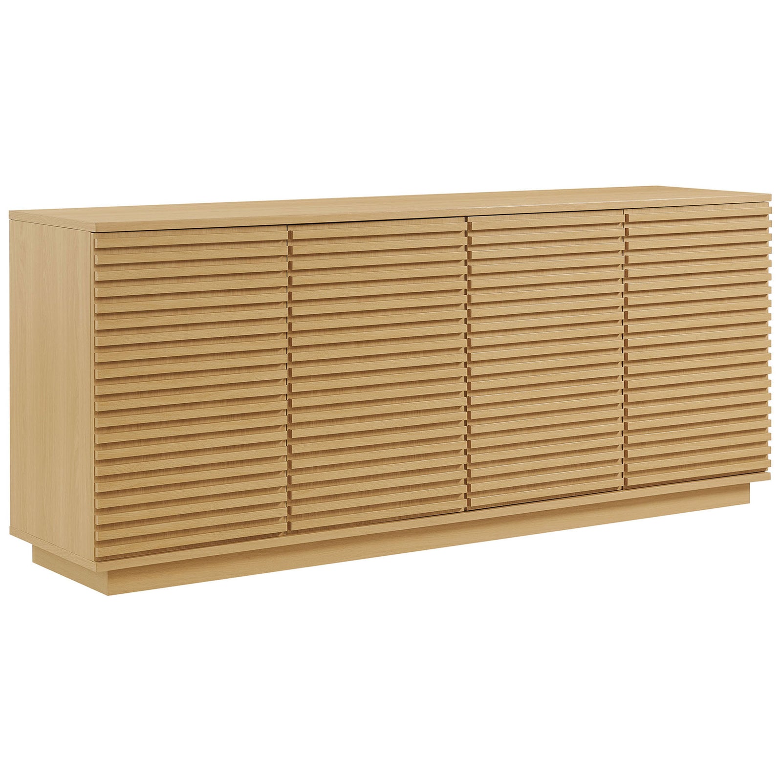 Long oak media sideboard with slatted doors and plinth base brings warm mid-century style to your space || EEI-7477-OAK || front_angle_studio