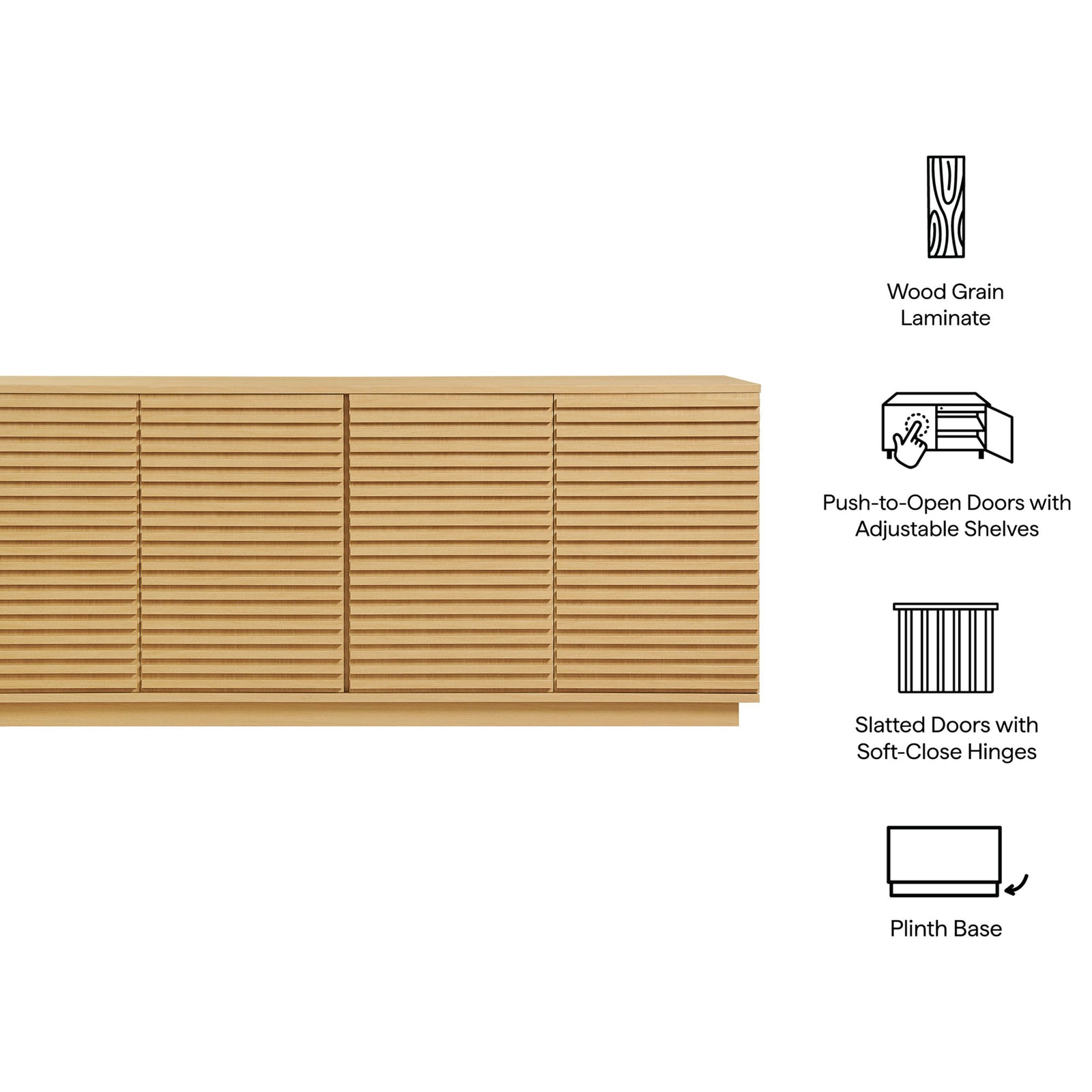 Feature graphic highlighting the wood grain laminate, fluted push-to-open doors, soft-close hinges, and plinth base || EEI-7477-OAK || callout_studio