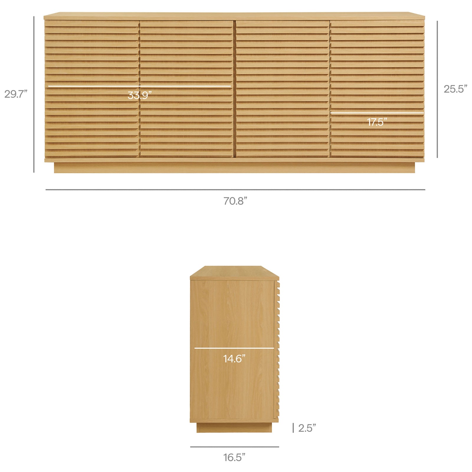 Dimension diagram showing the Render fluted sideboard's overall width, height, depth, and door measurements || EEI-7477-OAK || dimension_studio