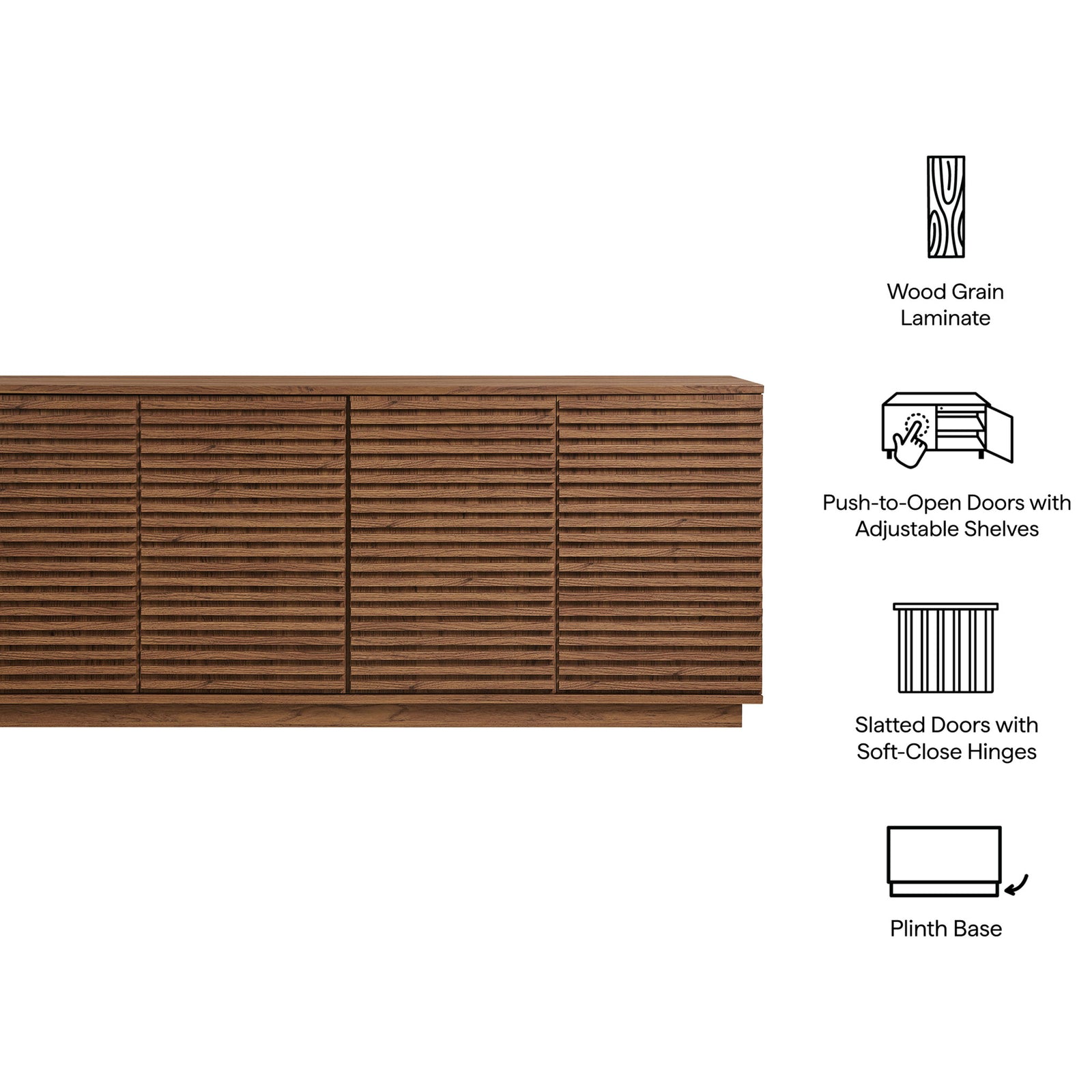 Key features of the walnut fluted sideboard including wood grain laminate, push-to-open doors, and soft-close hinges || EEI-7477-WAL || callout_studio