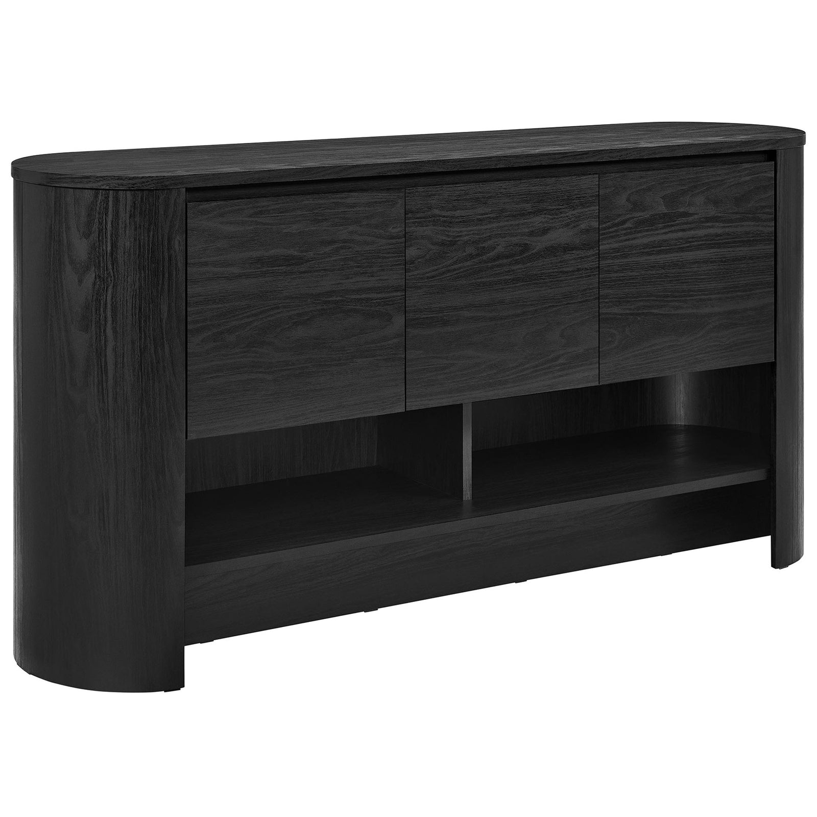 Black oval Duval sideboard with smooth wood grain and open lower shelves for decor and media storage || EEI-7478-BLK || front_angle_studio