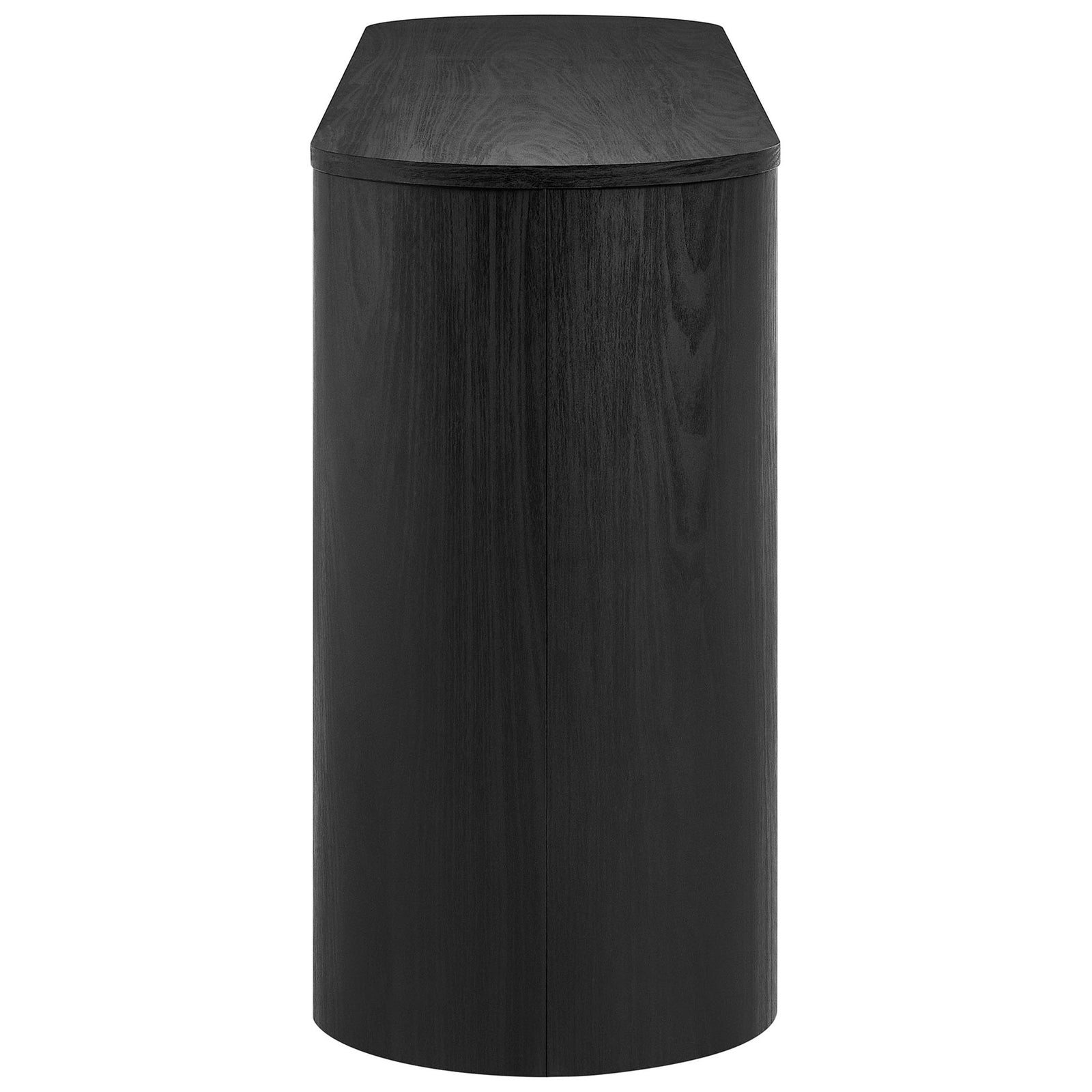 Slim oval side profile of the black Duval sideboard highlighting its rounded ends and smooth finish || EEI-7478-BLK || side_studio