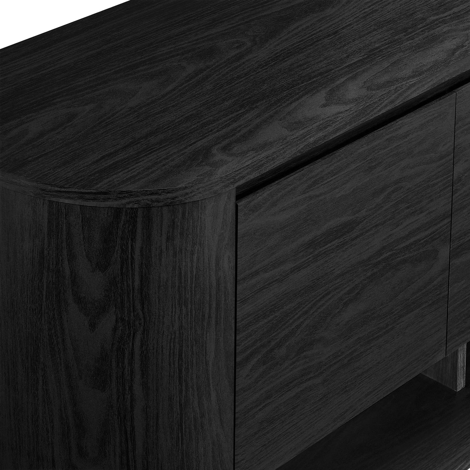 Detail of the Duval sideboard rounded corner and rich black wood grain finish || EEI-7478-BLK || detail_studio