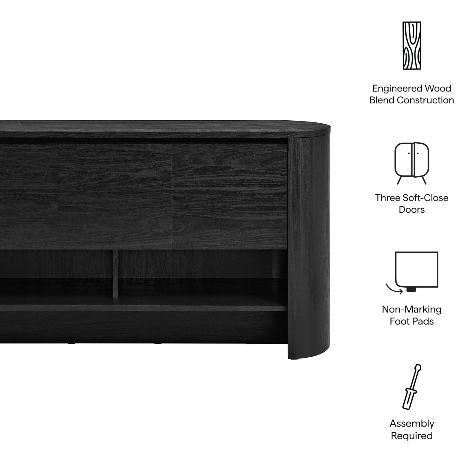 Duval sideboard highlighting engineered wood blend construction, three soft-close doors, and non-marking foot pads || EEI-7478-BLK || callout_studio