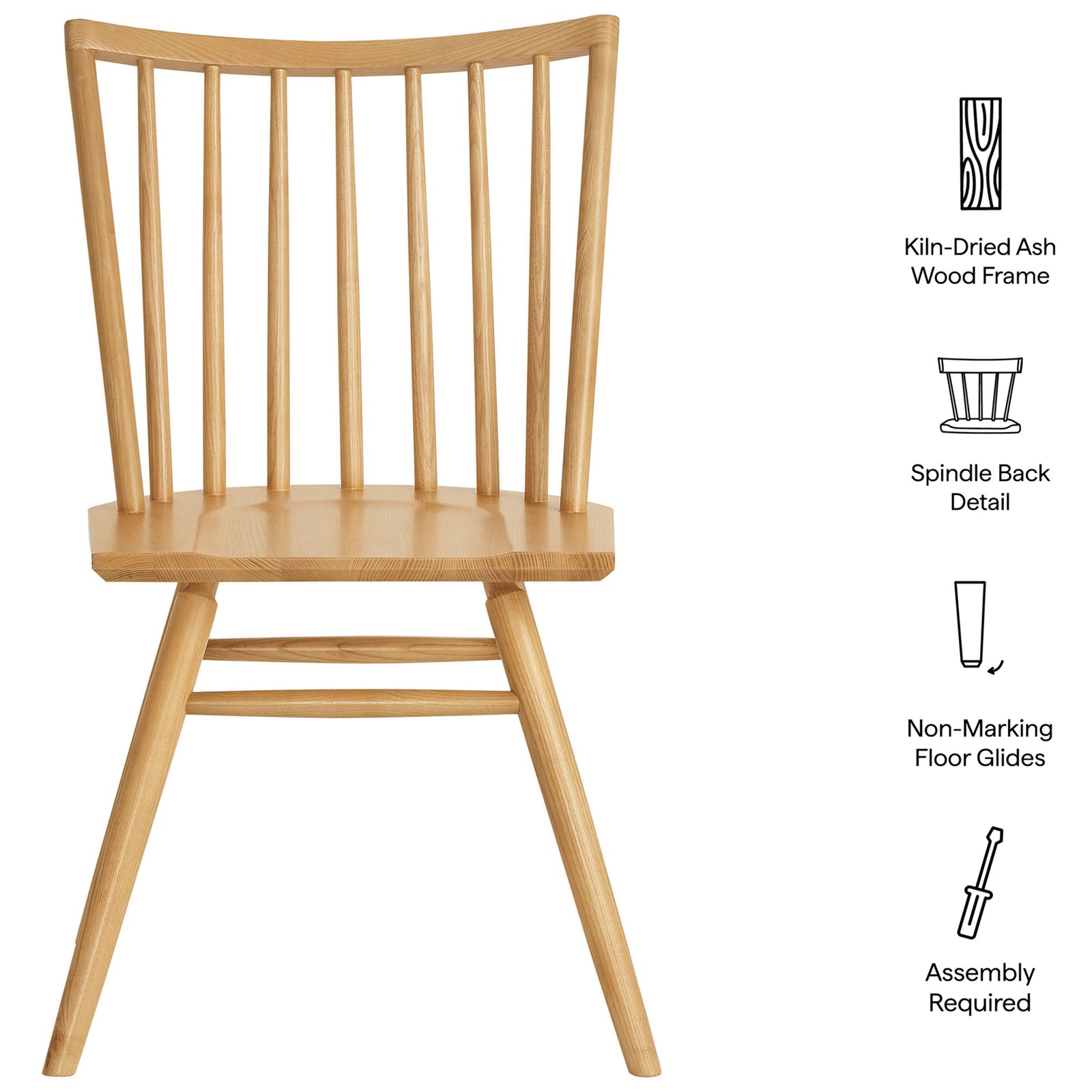 Ash wood spindle back dining chair with kiln-dried frame, contoured seat, and non-marking floor glides. || EEI-7482-ASH || callout_studio