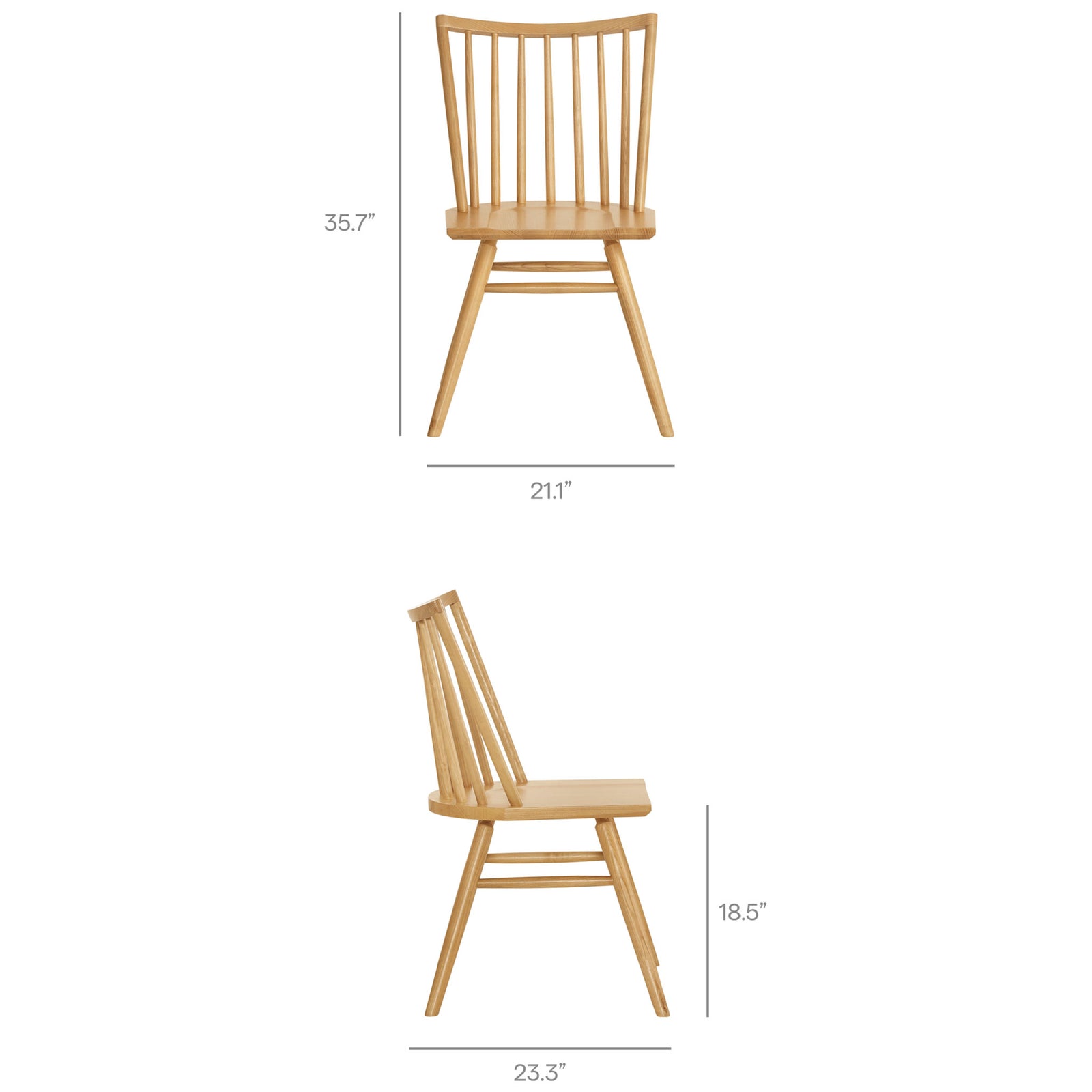 Ash wood dining chair with spindle back and contoured seat, shown with detailed height, width, and depth measurements. || EEI-7482-ASH || dimension_studio