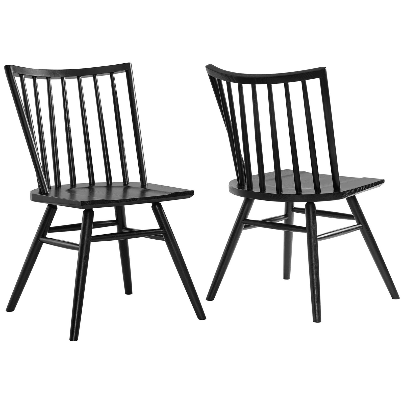 Set of two black ash wood spindle back dining chairs with contoured seats and tapered legs. || EEI-7482-BLK || front_angle_multi_studio