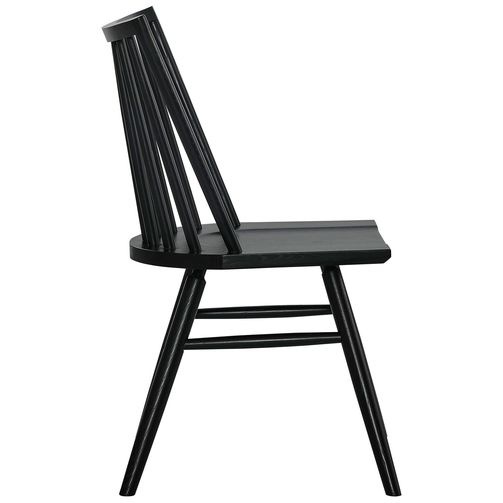 Black spindle back dining chair showing the contoured wood seat and angled support stretchers. || EEI-7482-BLK || side_studio