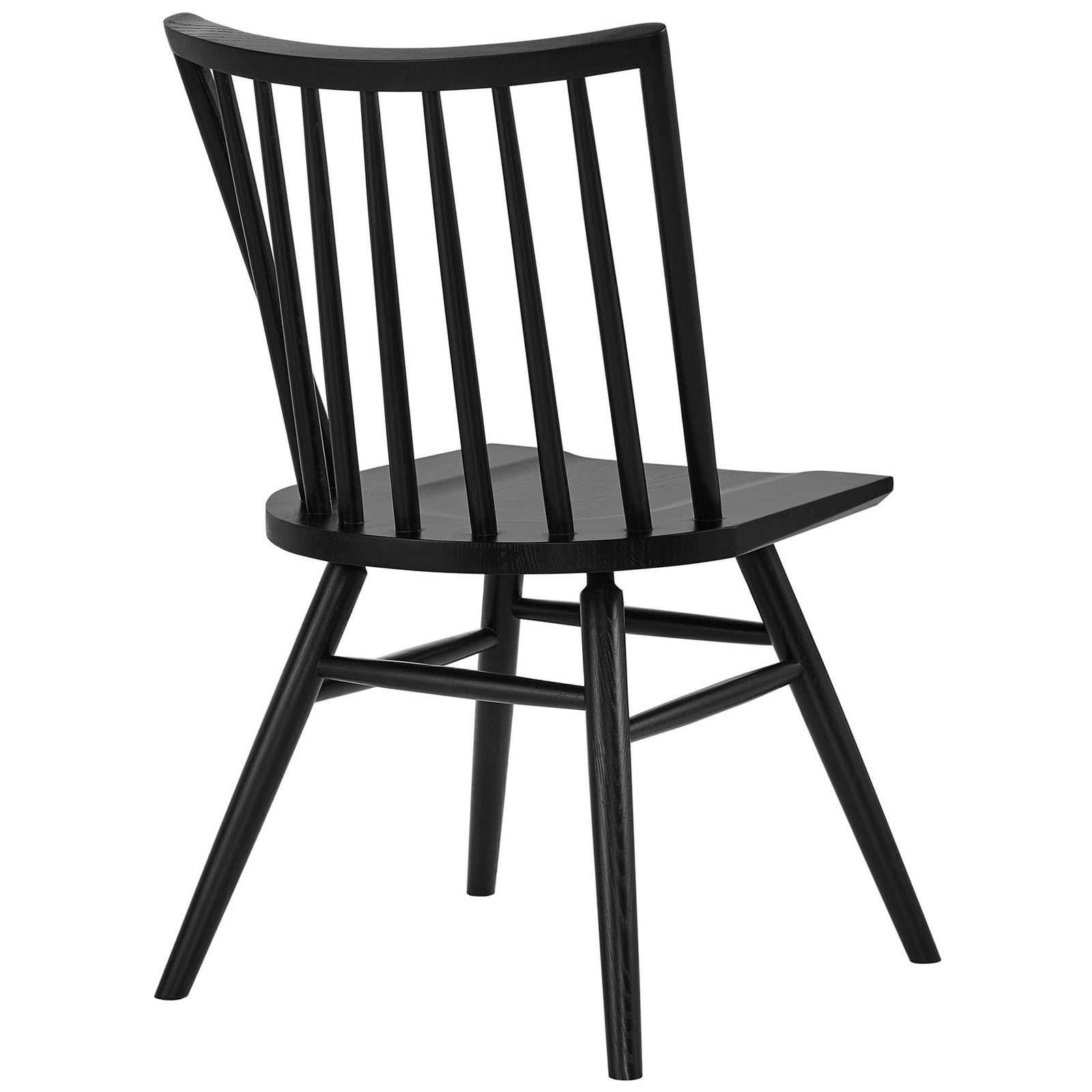 Black spindle back dining chair highlighting the curved backrest and splayed, reinforced legs. || EEI-7482-BLK || back_angle_studio