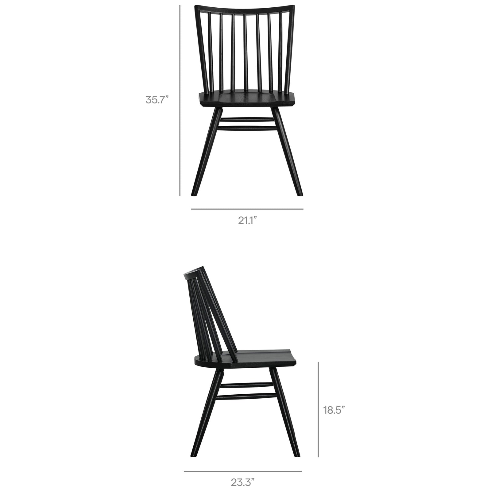 Black spindle back dining chair with height, width, and seat measurements shown for easy sizing. || EEI-7482-BLK || dimension_studio