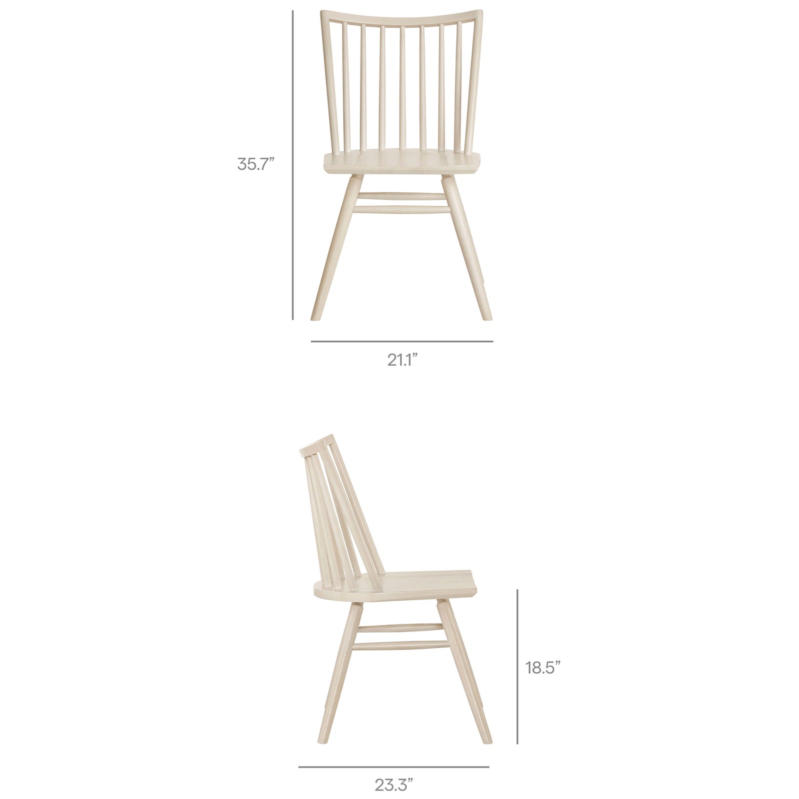White wash spindle dining chair shown with front and side dimensions labeled || EEI-7482-WWA || dimension_studio