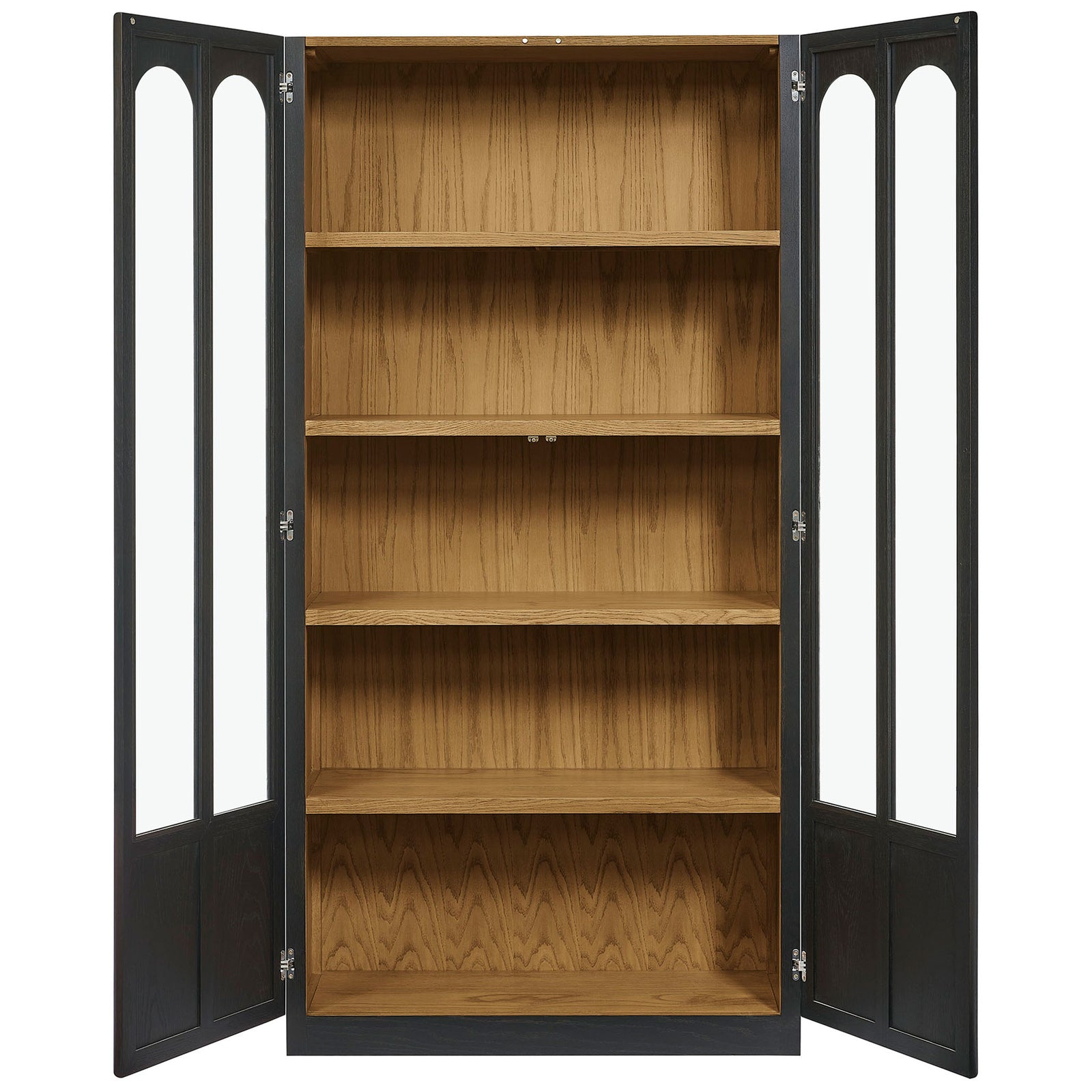 Spacious black oak display cabinet with four fixed shelves ready to showcase books, china, and decor || EEI-7484-BLK-OAK || front_open_studio