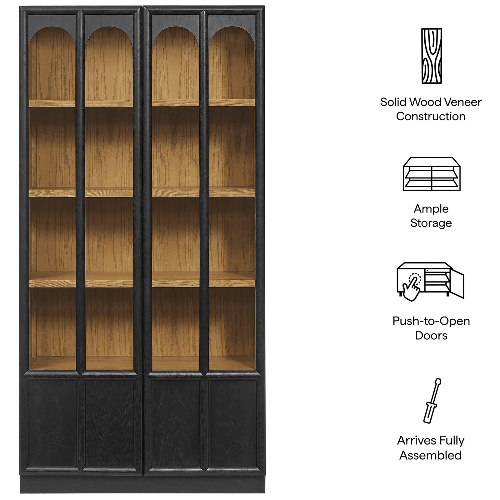 Feature graphic for the black oak Anwen cabinet highlighting solid wood veneer and push to open doors || EEI-7484-BLK-OAK || callout_studio