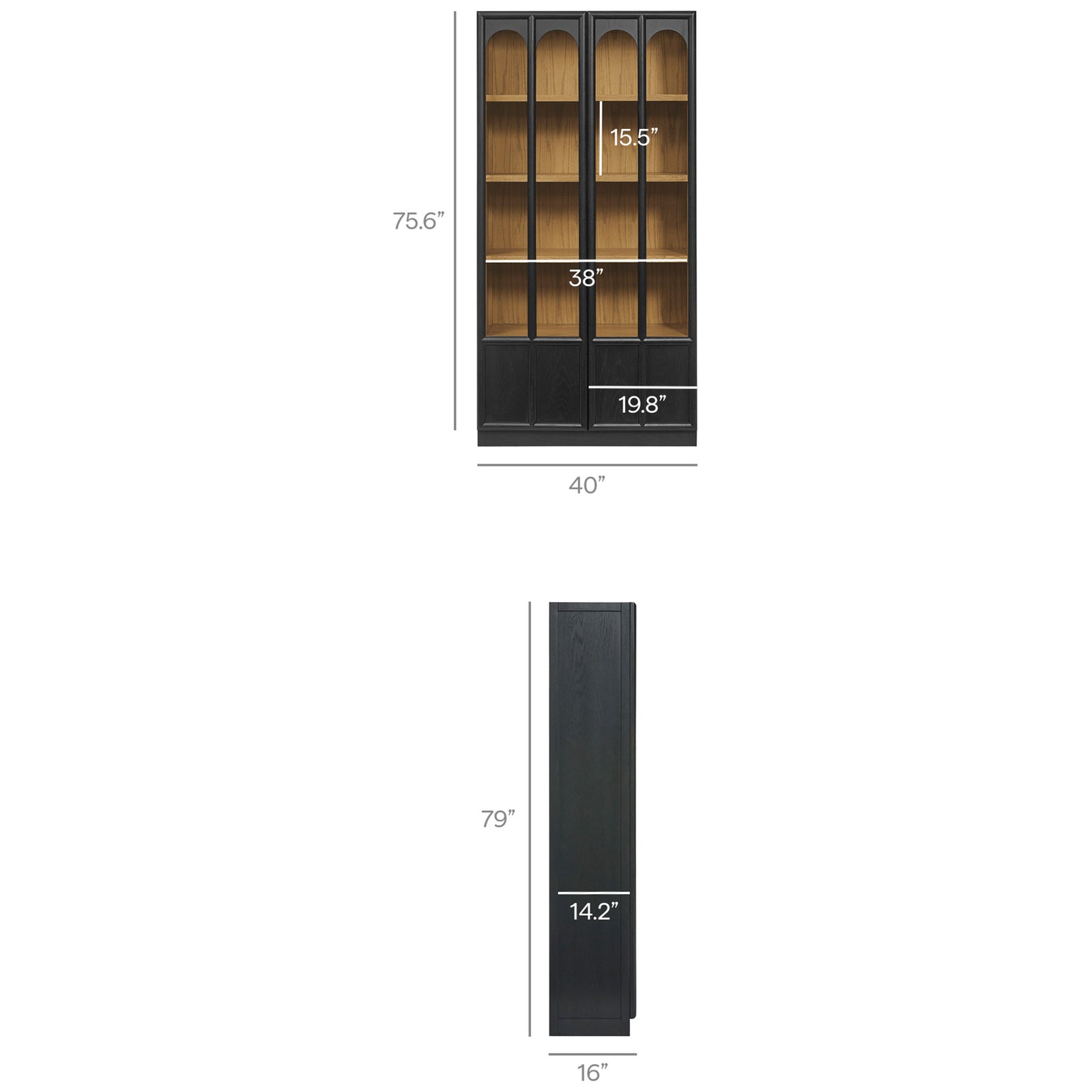 Dimension diagram of the black oak Anwen display cabinet with overall height, width, and shelf measurements || EEI-7484-BLK-OAK || dimension_studio