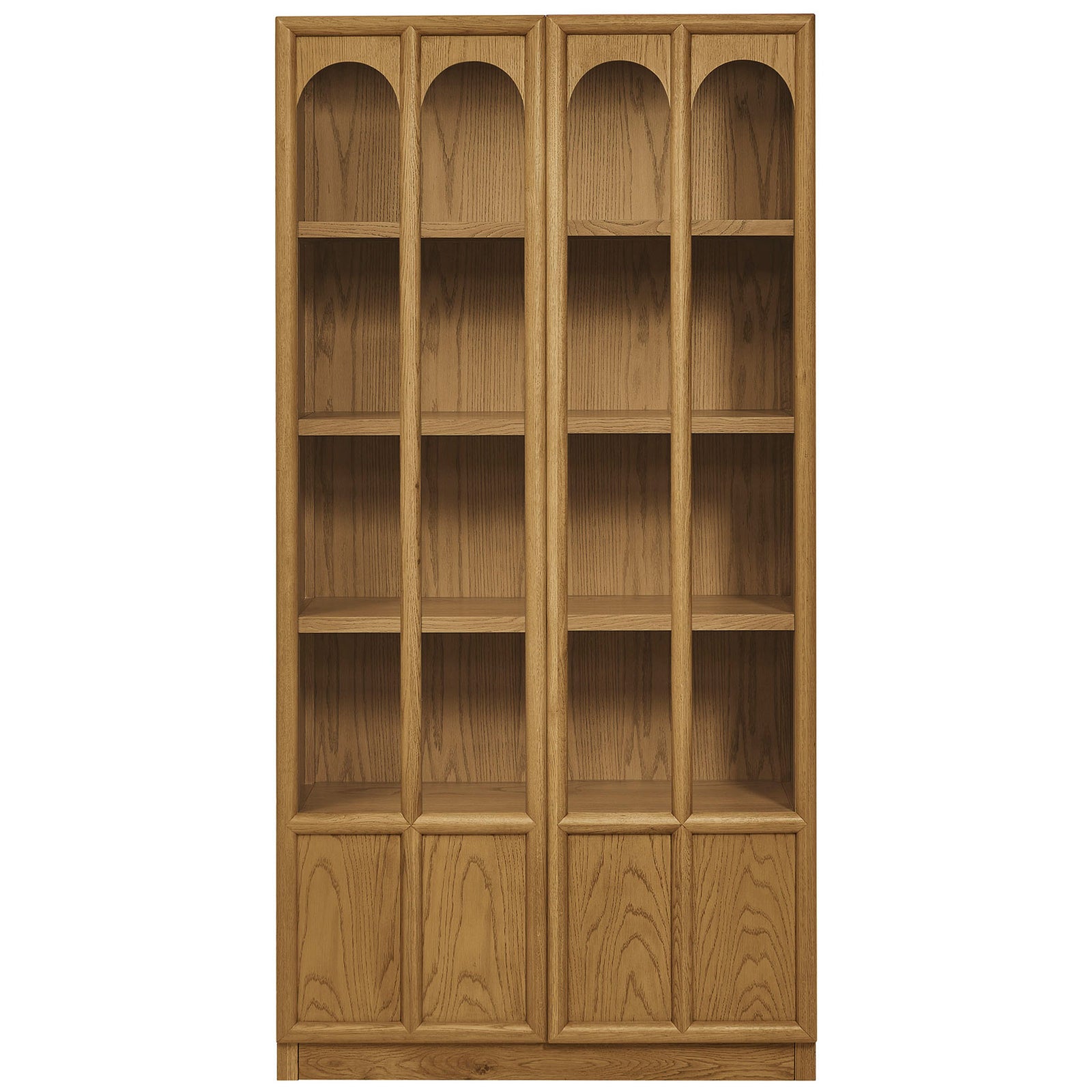 Tall oak display cabinet with arched glass doors and matching wood interior shelving for curated displays || EEI-7484-OAK || front_studio