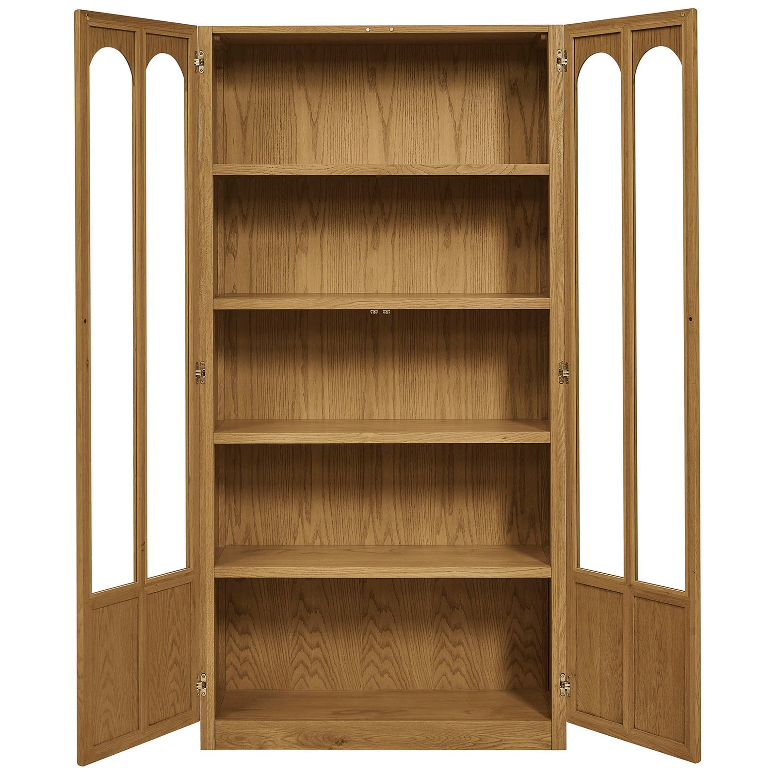 Open oak display cabinet with four spacious fixed shelves for dinnerware, collectibles, and books || EEI-7484-OAK || front_open_studio