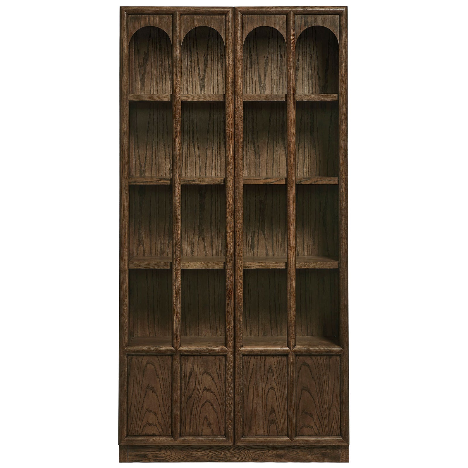 Tall walnut display cabinet with arched glass doors and rich dark wood interior shelving || EEI-7484-WAL || front_studio
