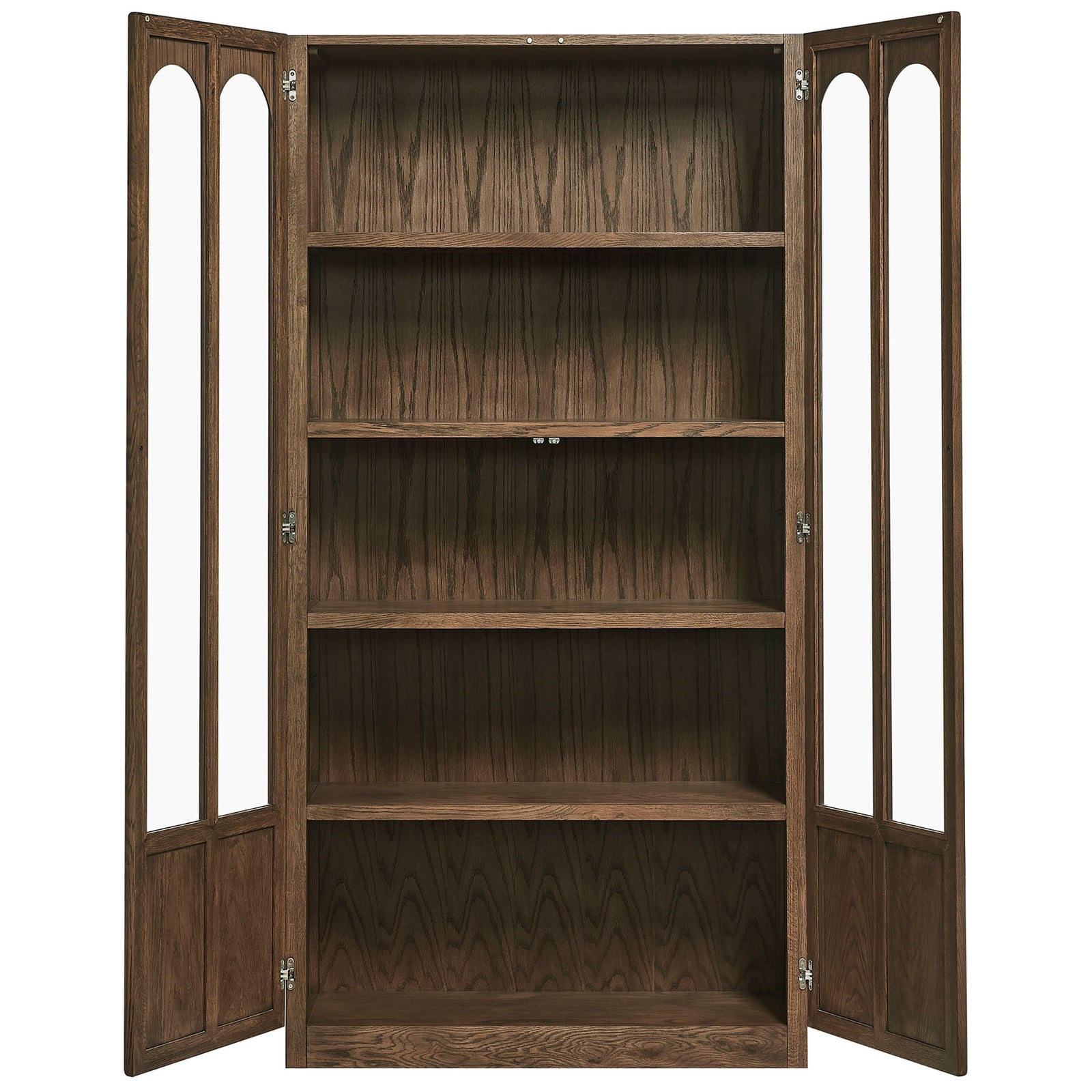 Open walnut display cabinet with four fixed shelves ready to organize serveware, books, and treasures || EEI-7484-WAL || front_open_studio
