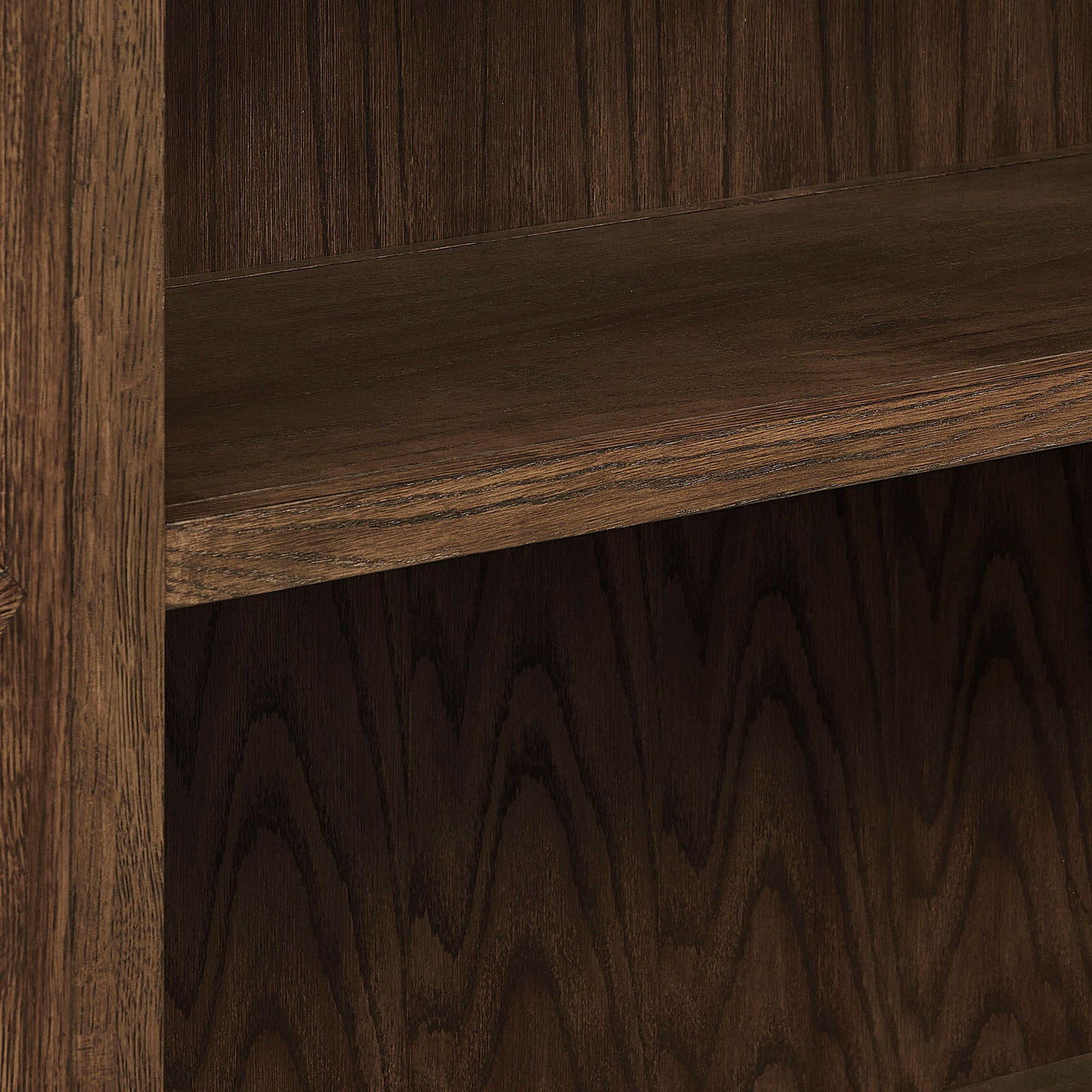 Walnut interior shelf and back panel with deep, varied grain that enriches displayed objects || EEI-7484-WAL || swatch_studio
