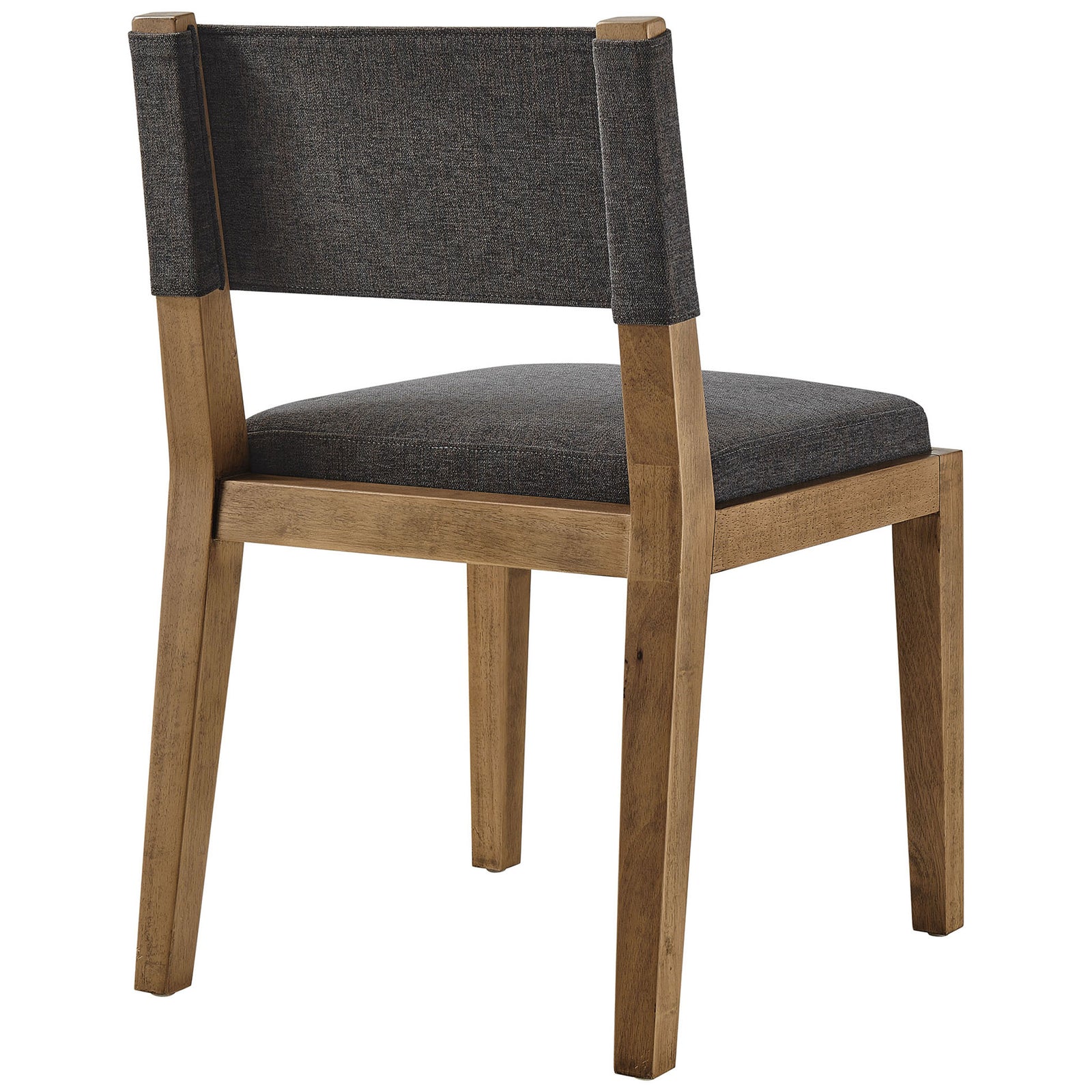 Dark gray dining chair showcasing the fully upholstered back panel and tapered wood legs. || EEI-7485-HDG || back_angle_studio
