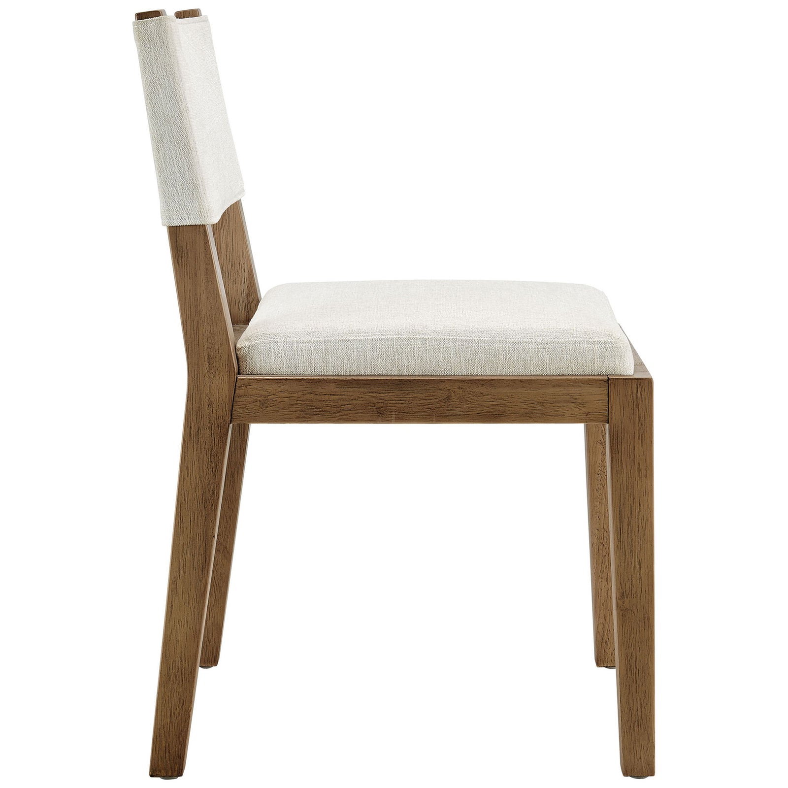 Side profile of ivory dining chair showcasing thick seat cushion and gently reclined back || EEI-7485-HEI || side_studio